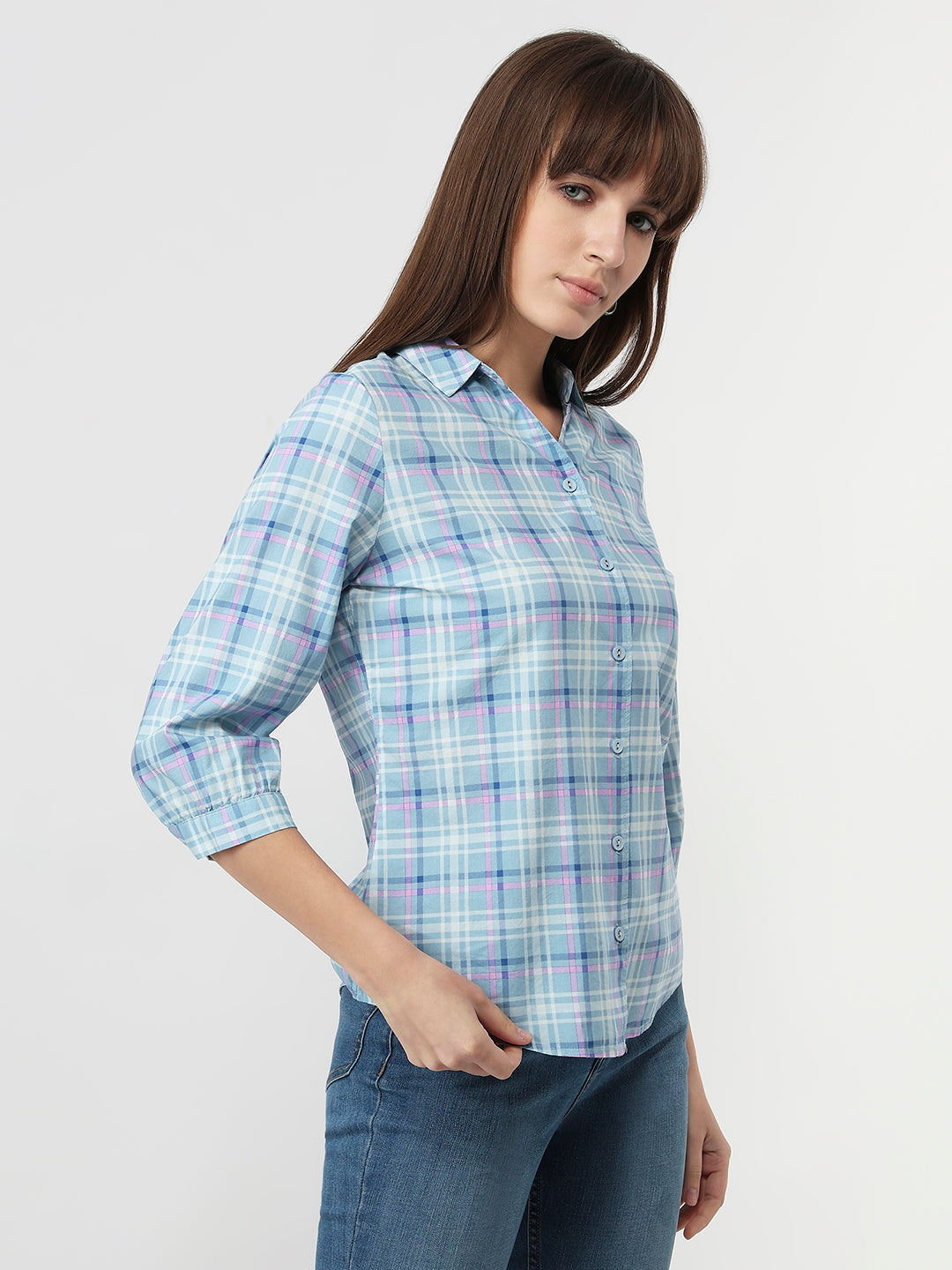 Women Powder Blue Checks Slim Fit Shirt