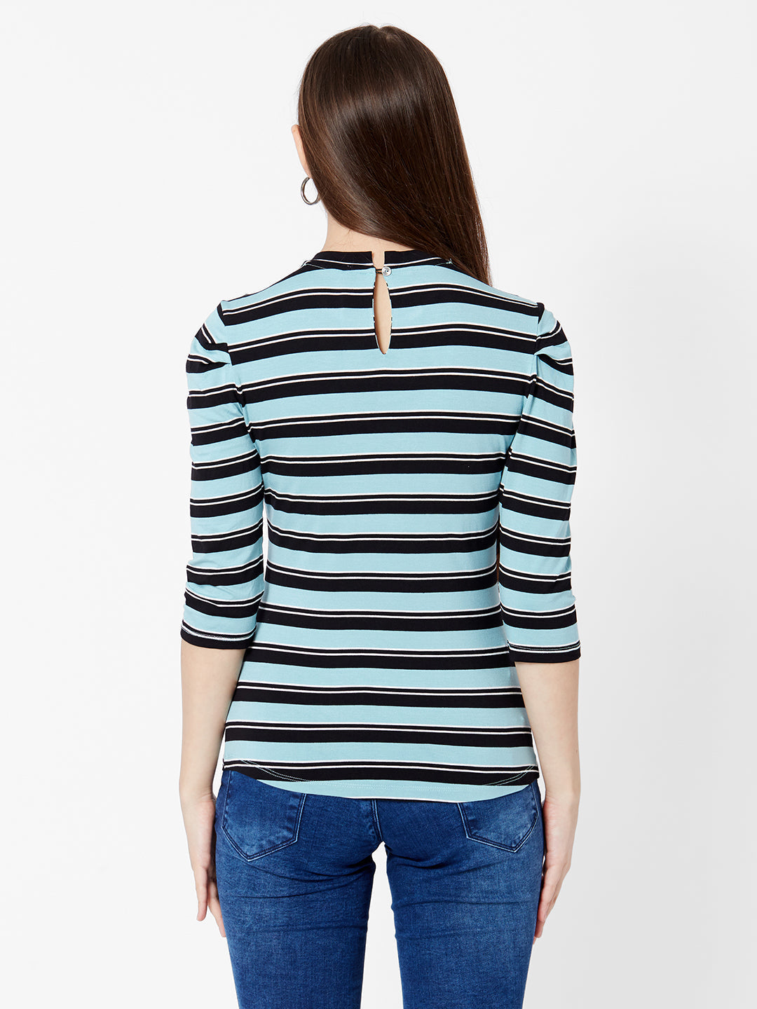Women Aqua Black Stripe T-Shirt