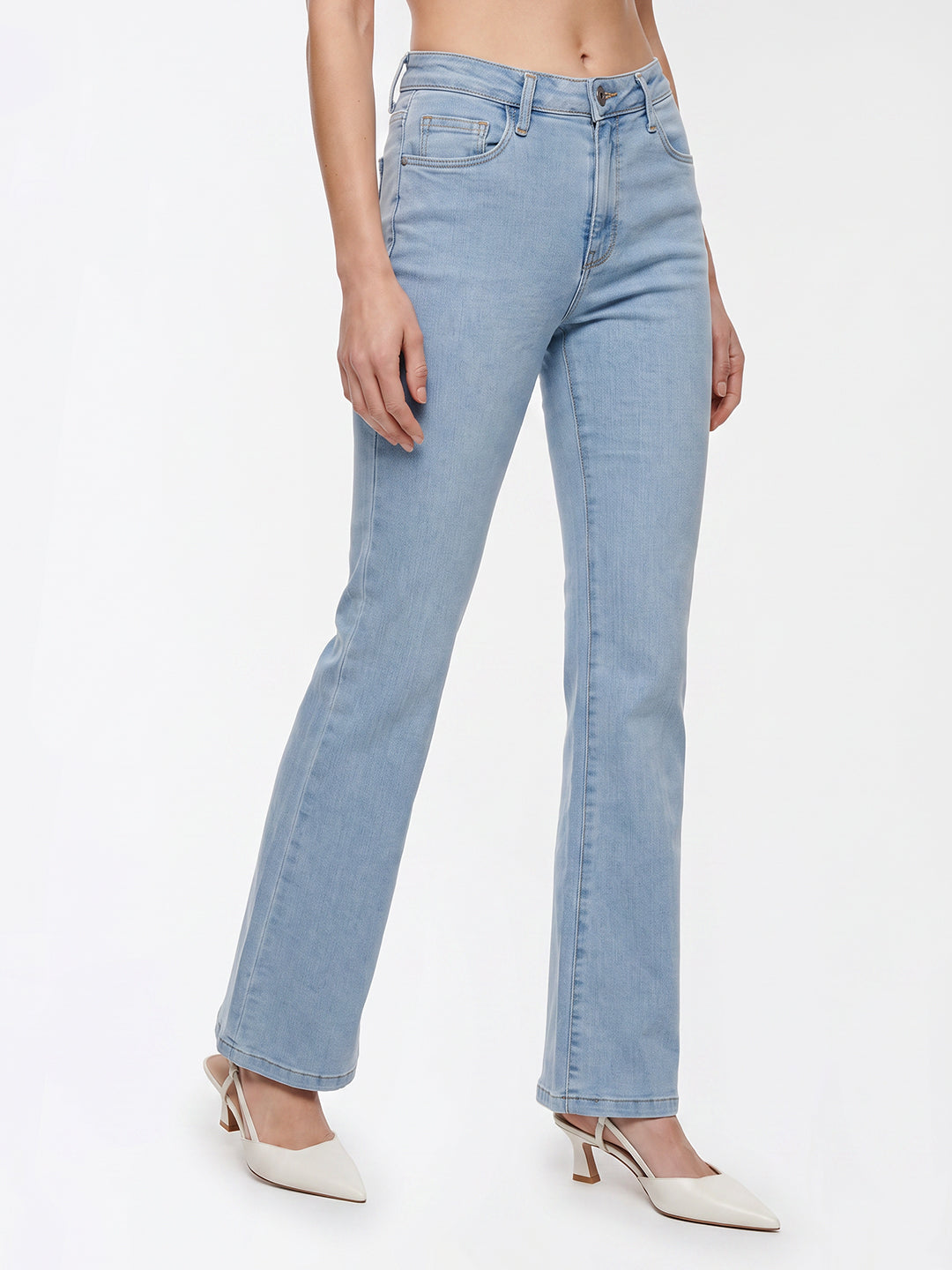 Women Light Blue High-Rise Mini Flare Jeans