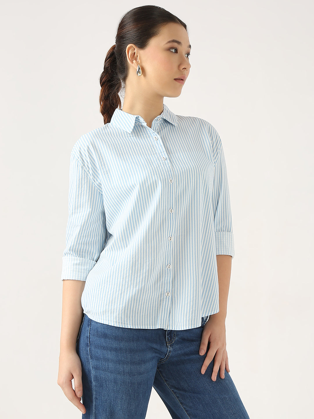Women Sky/White Oversize Stripe Shirt
