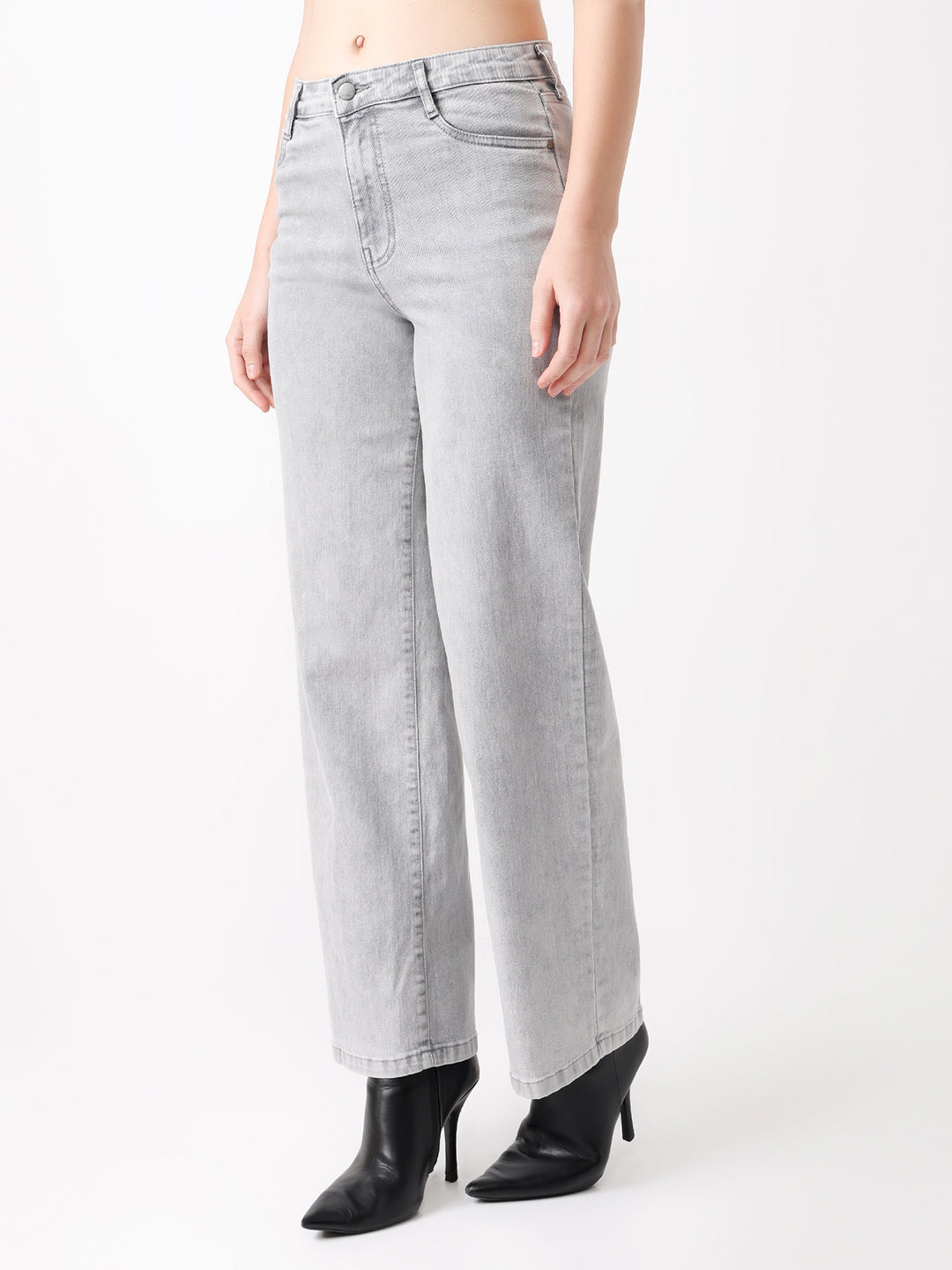 Women Light Grey High-Rise Wide Leg Jeans