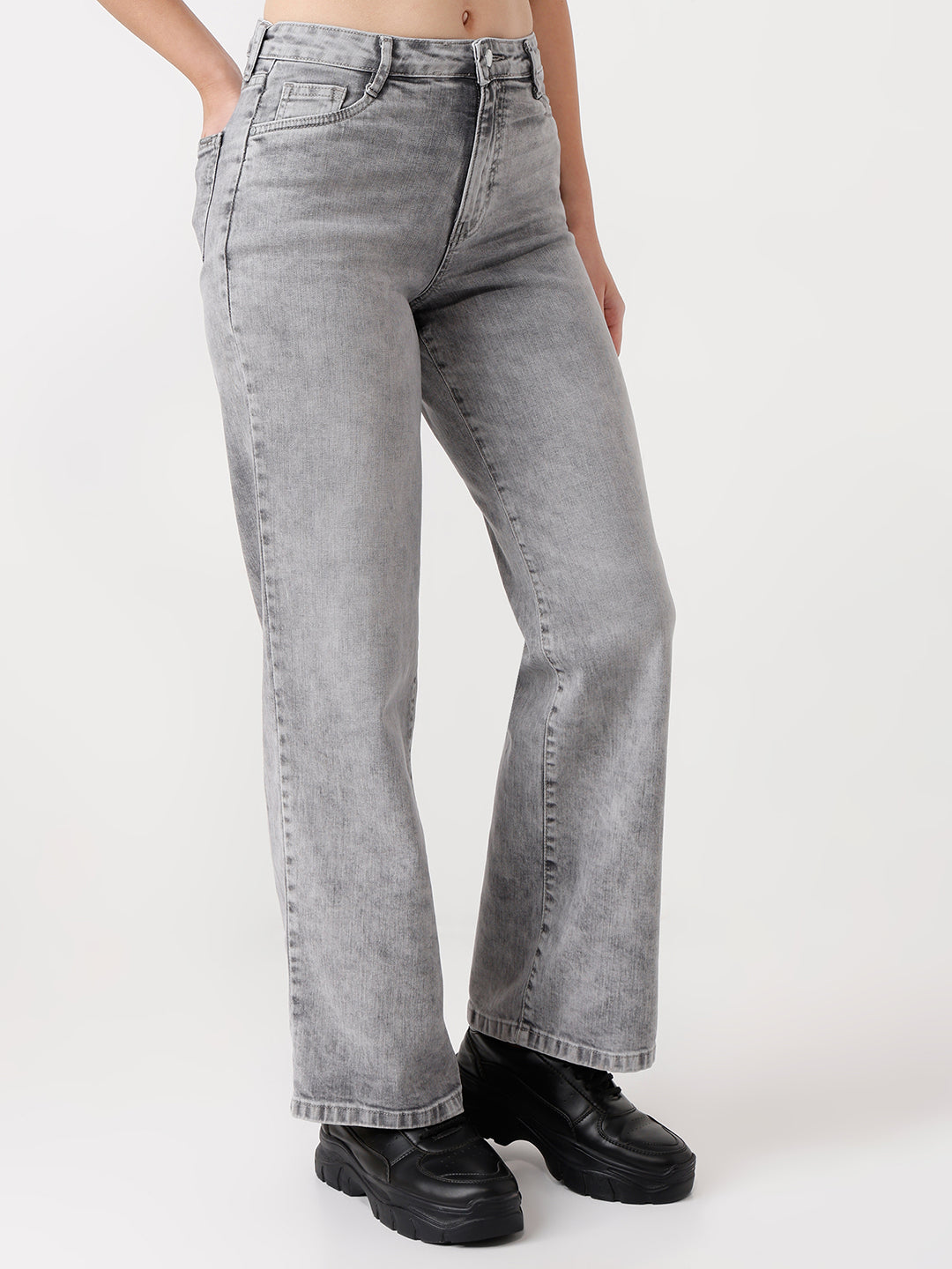 Women Grey High-Rise Wide Leg Jeans