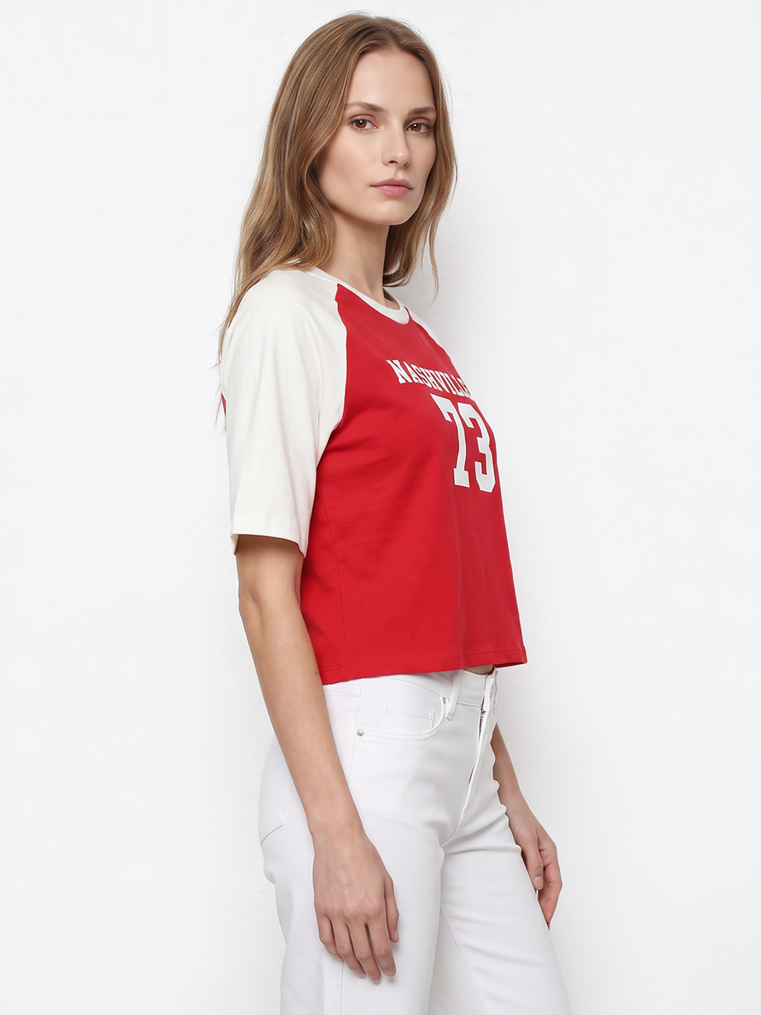 Women Red/ Off White Crop Tees