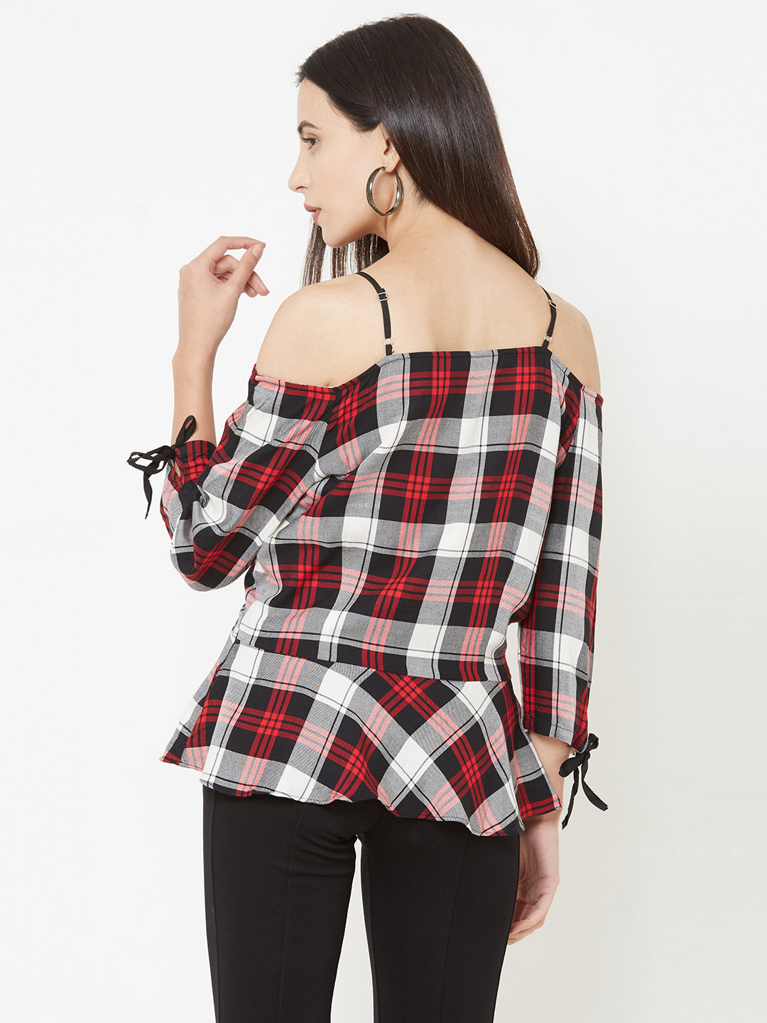 Women Checked Cold-Shoulder Peplum Top