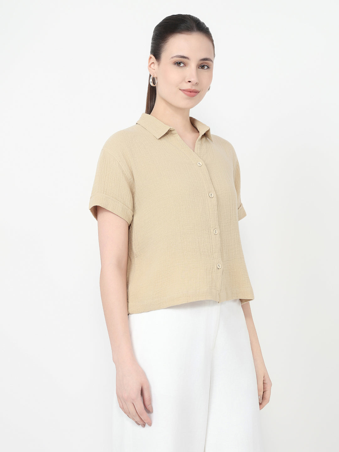 Women Oatmilk Crop Slim Shirt