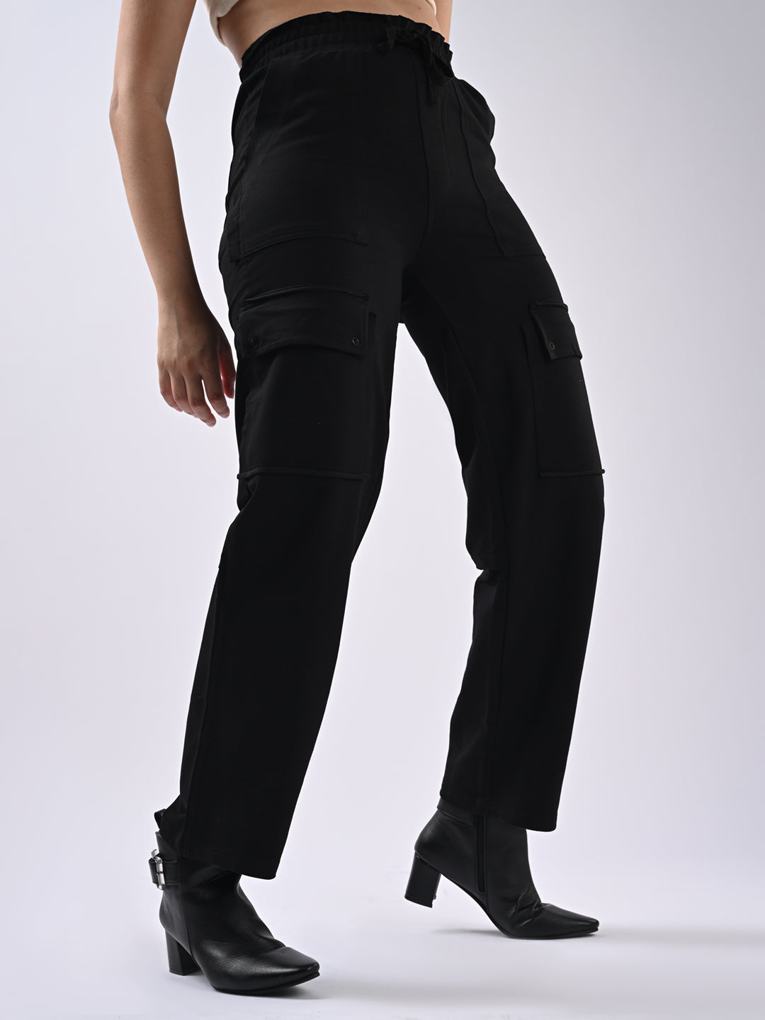 Women Black Tie-Up Cargo