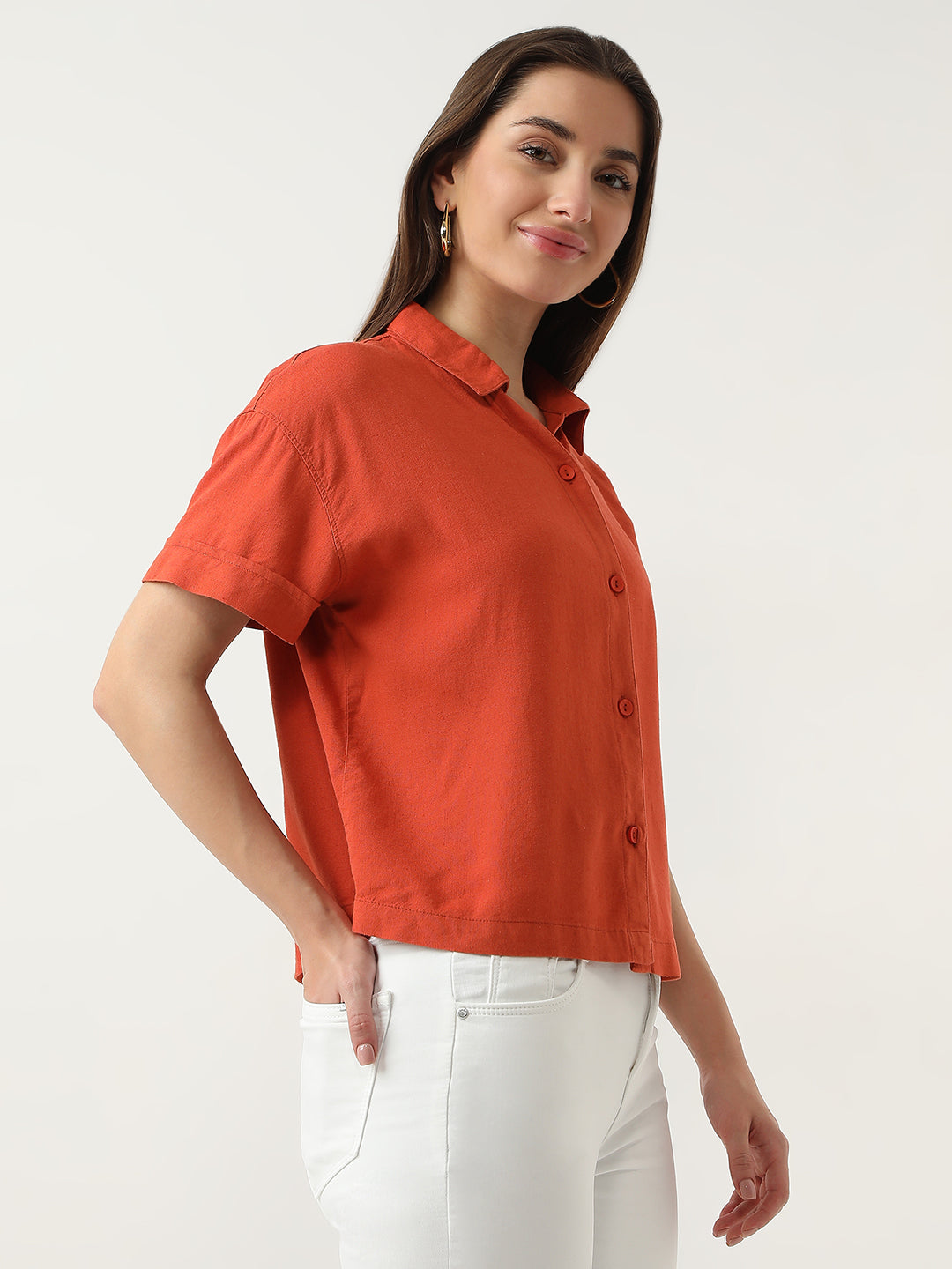 Women Maple Orange Crop Shirt