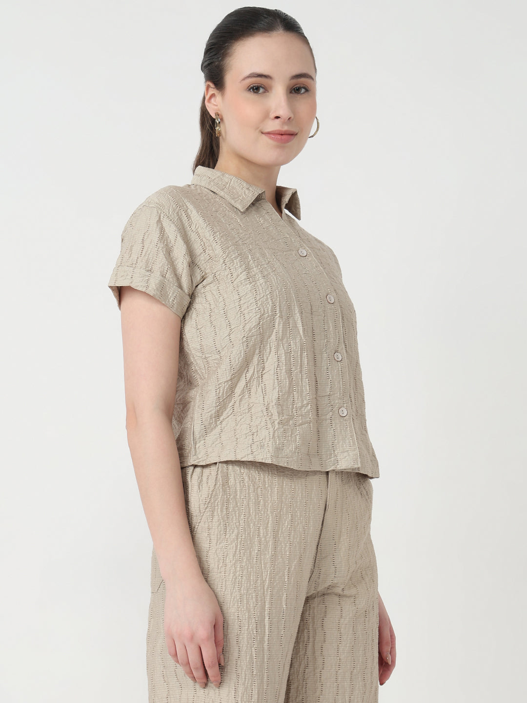 Women Pumic Stone Slim Fit Crop Shirt
