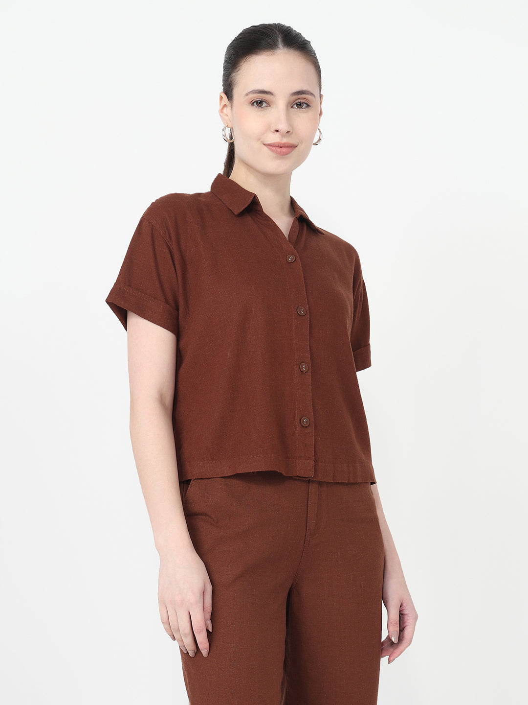 Women Sepia Slim Fit Crop Shirt