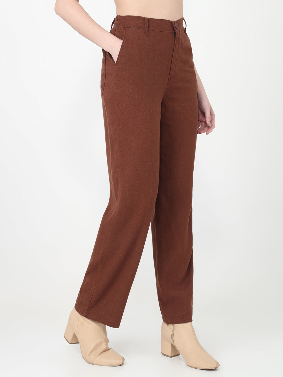Women Sepia High-Rise Straight Fit Korean Pants