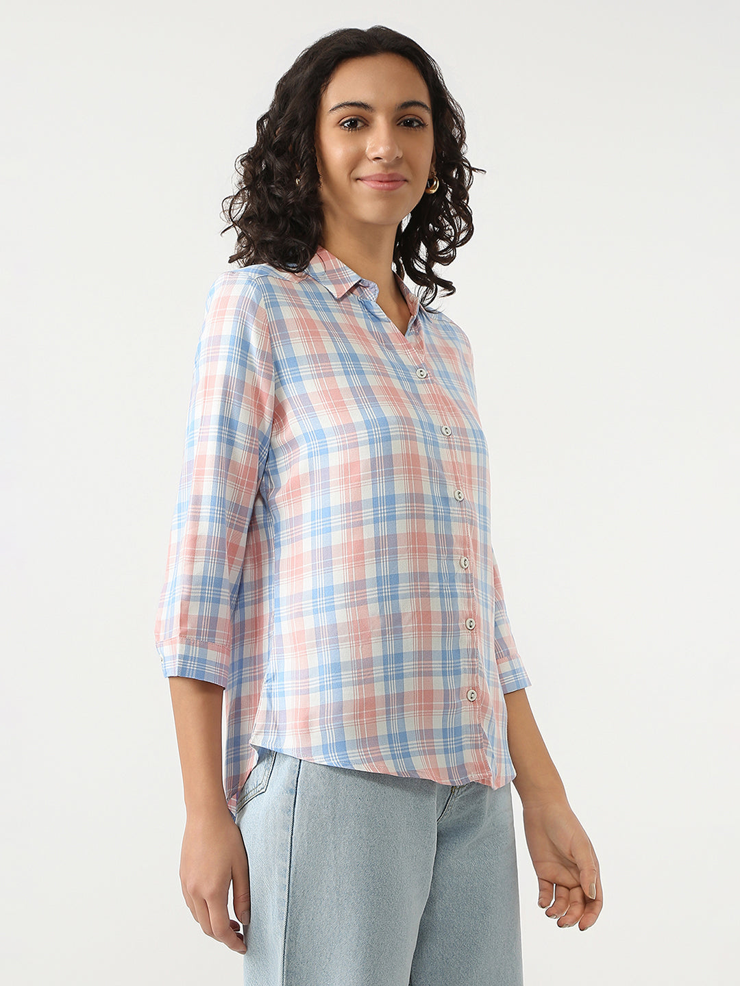 Women Peach/Blue Checks Shirt