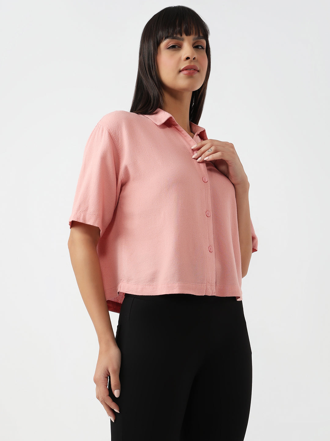 Women Blush Pink Slim Crop Shirt