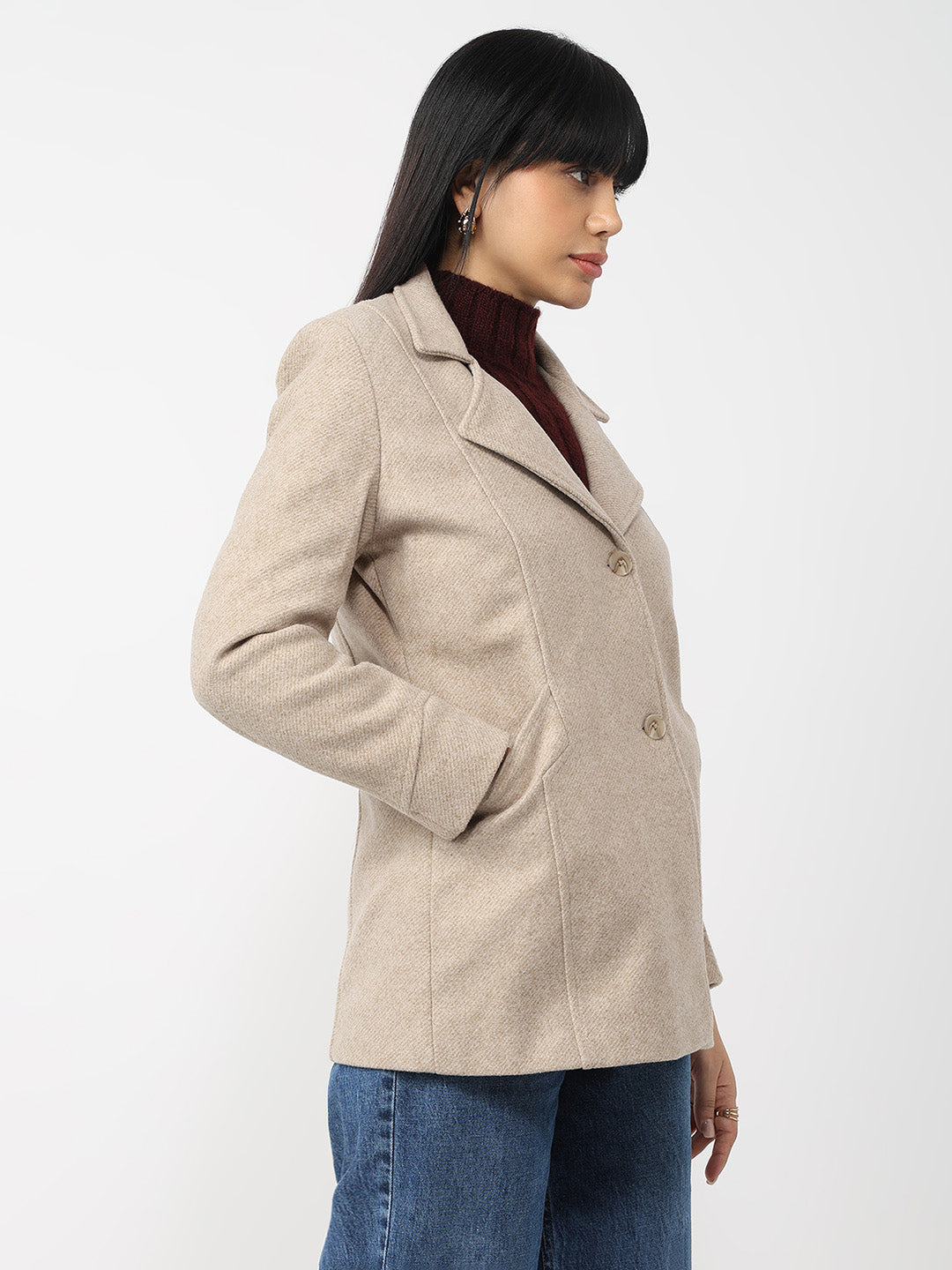 Women Beige Slim Fit Coat