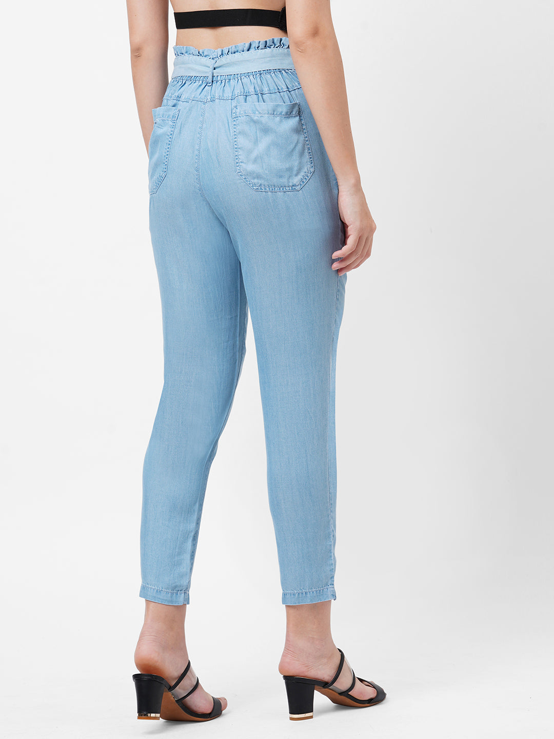 Women Light Blue Paper Bag Pants