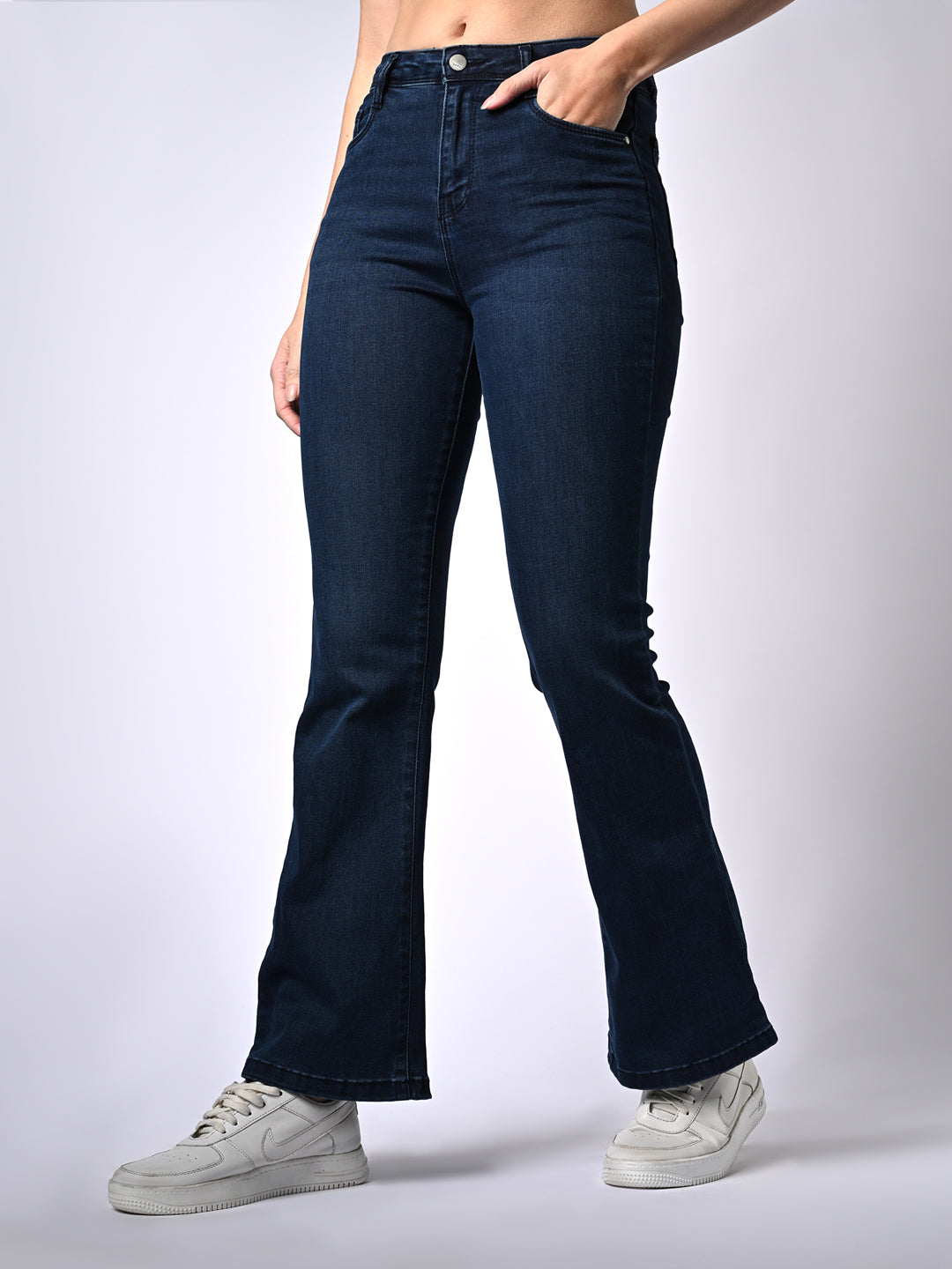 Women Dark Blue High-Rise Mini Flare Jeans