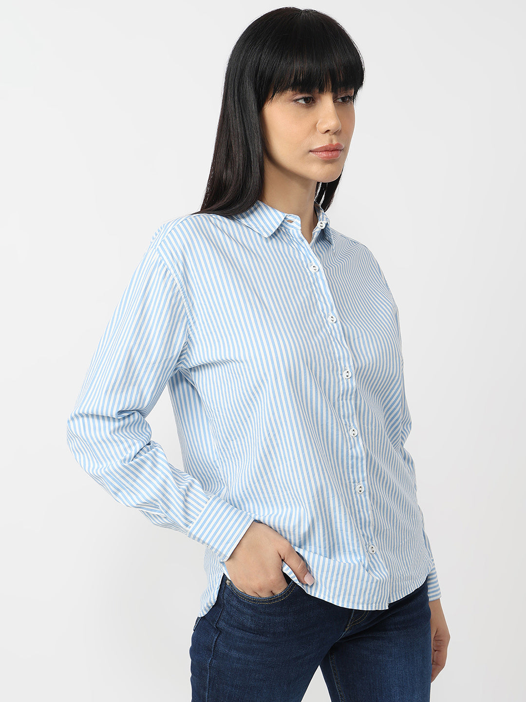 Women Sky/White Slim Fit Oversized Shirt