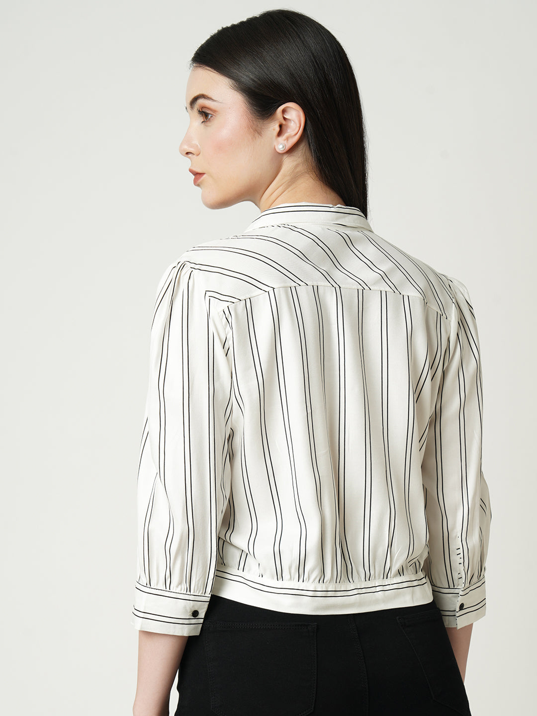 Women Black & White Slim Crop Shirt