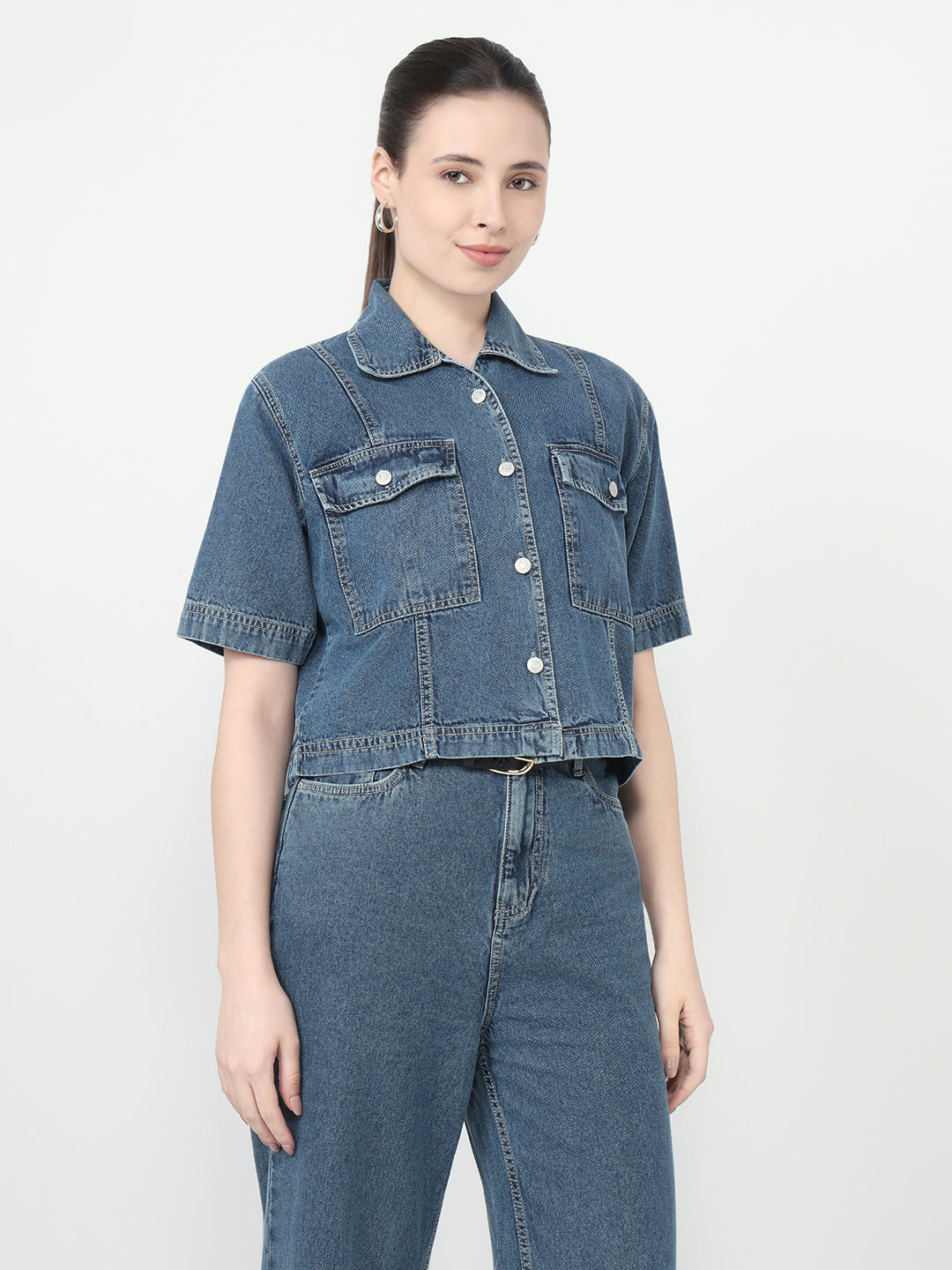 Women Blue Slim Fit Crop Shirt