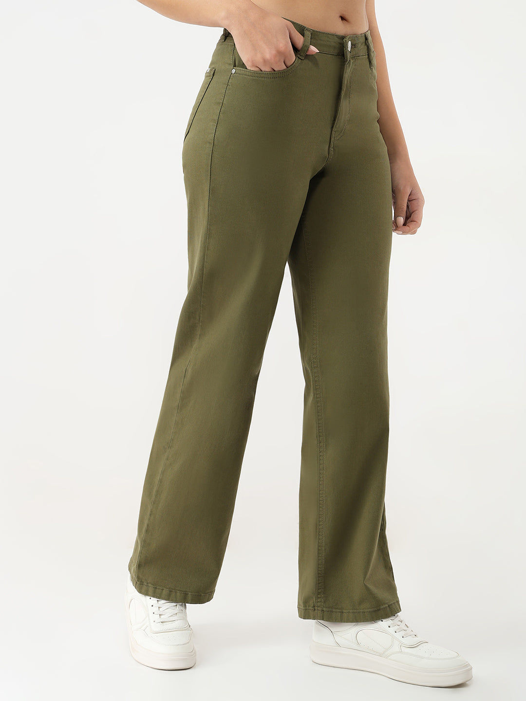 Women Olive Wide Leg Jeans
