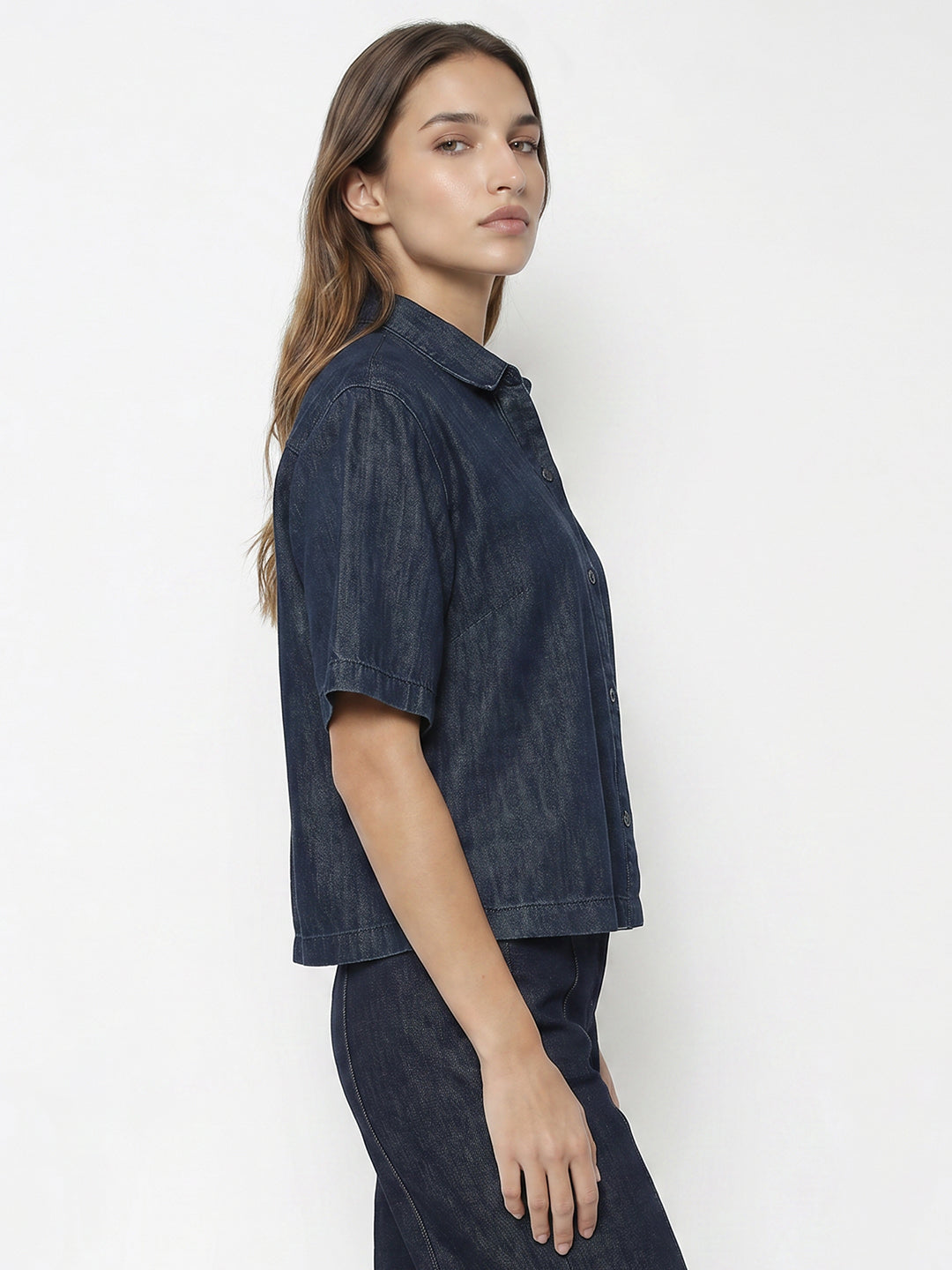 Women Dark Blue Denim Crop Shirt
