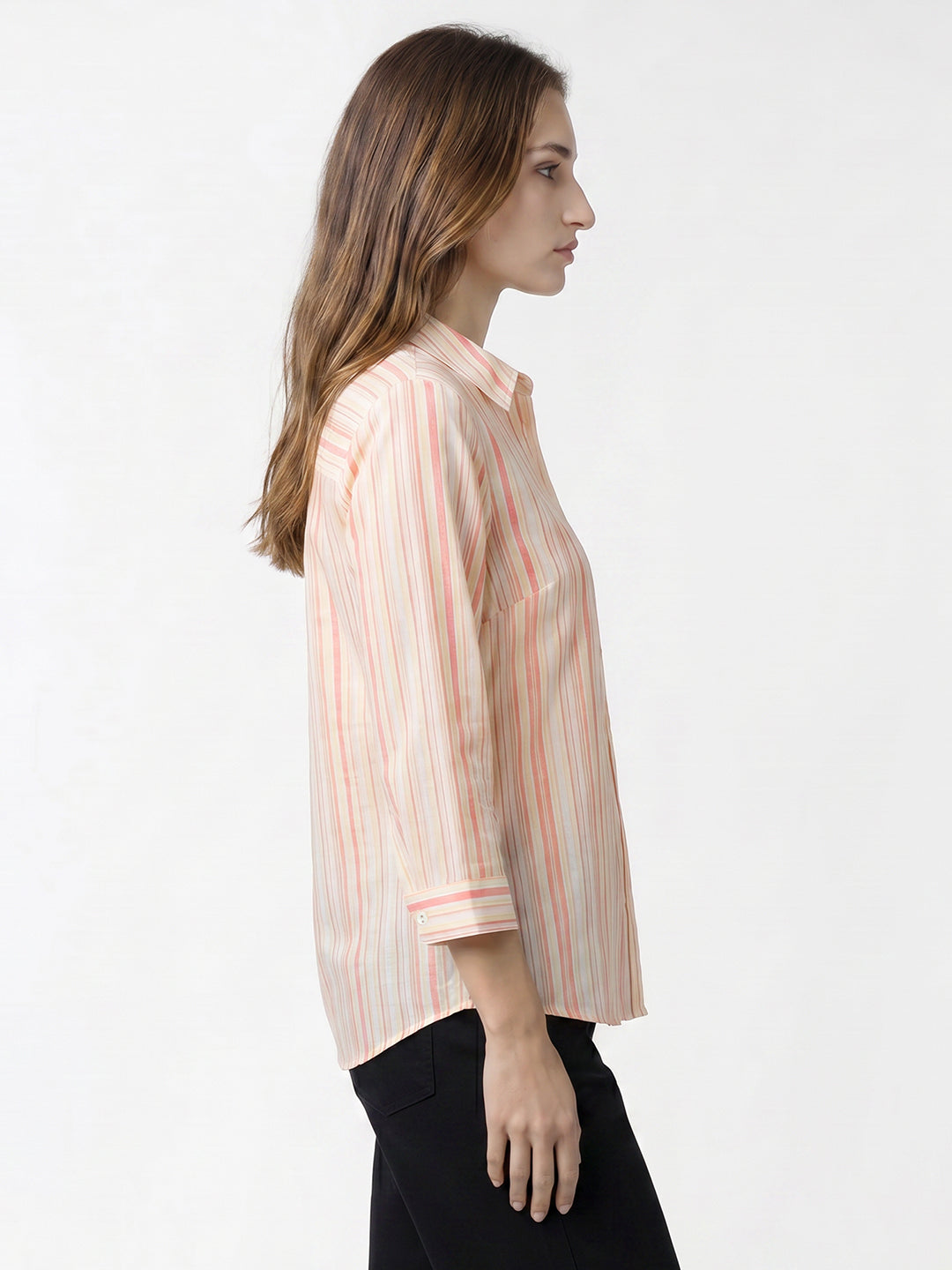 Women Peach/Yellow Striped Shirt