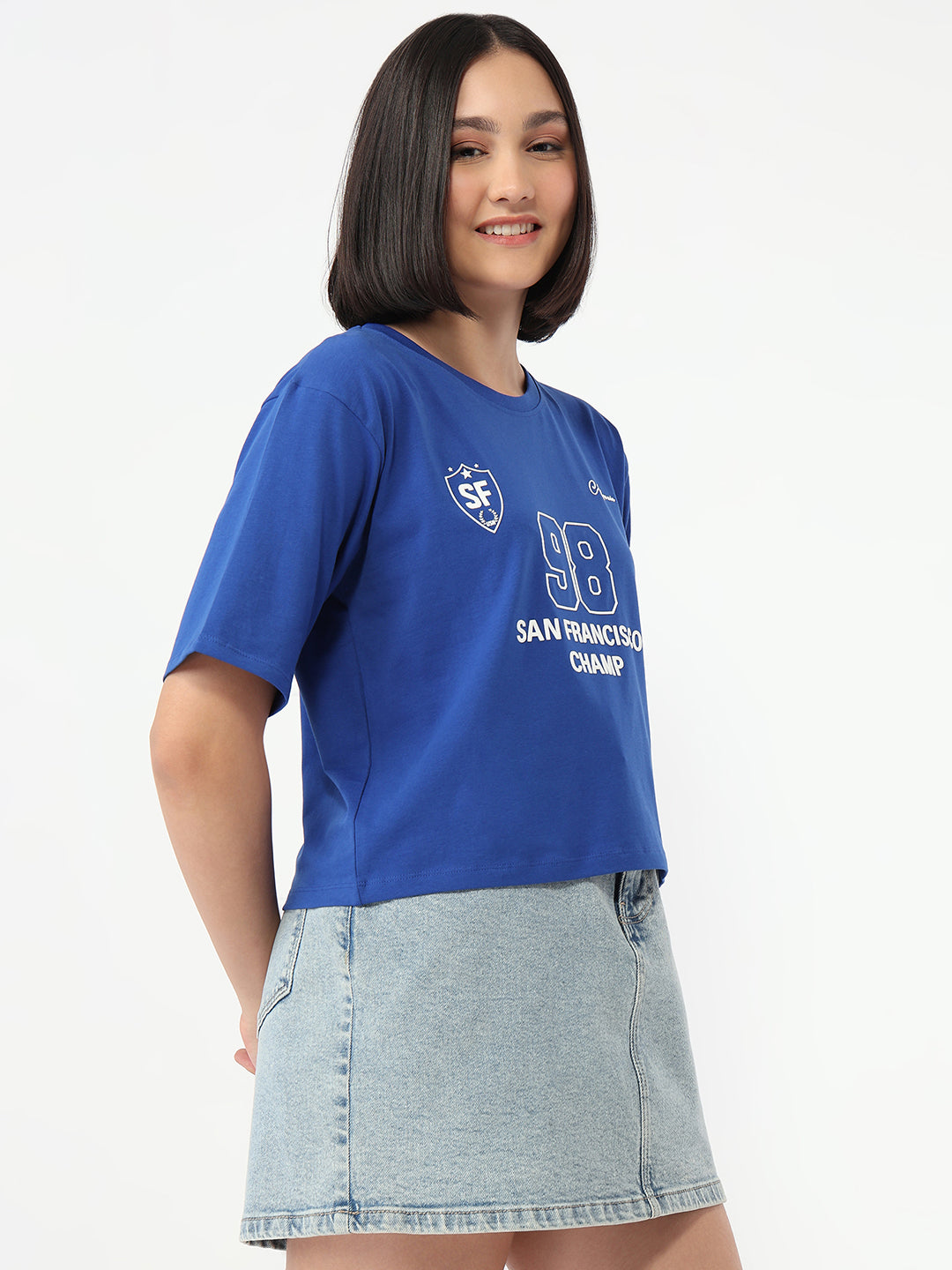 Women Electric Blue Slim Fit Boxy T-Shirt