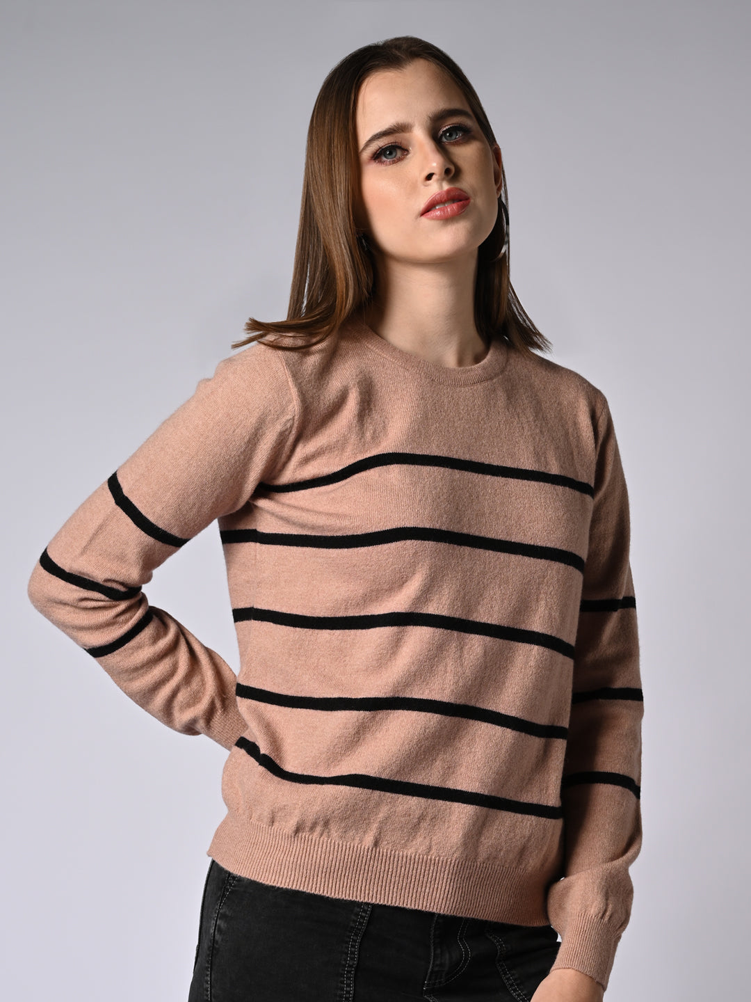 Women Beige /Black Slim Fit Sweater