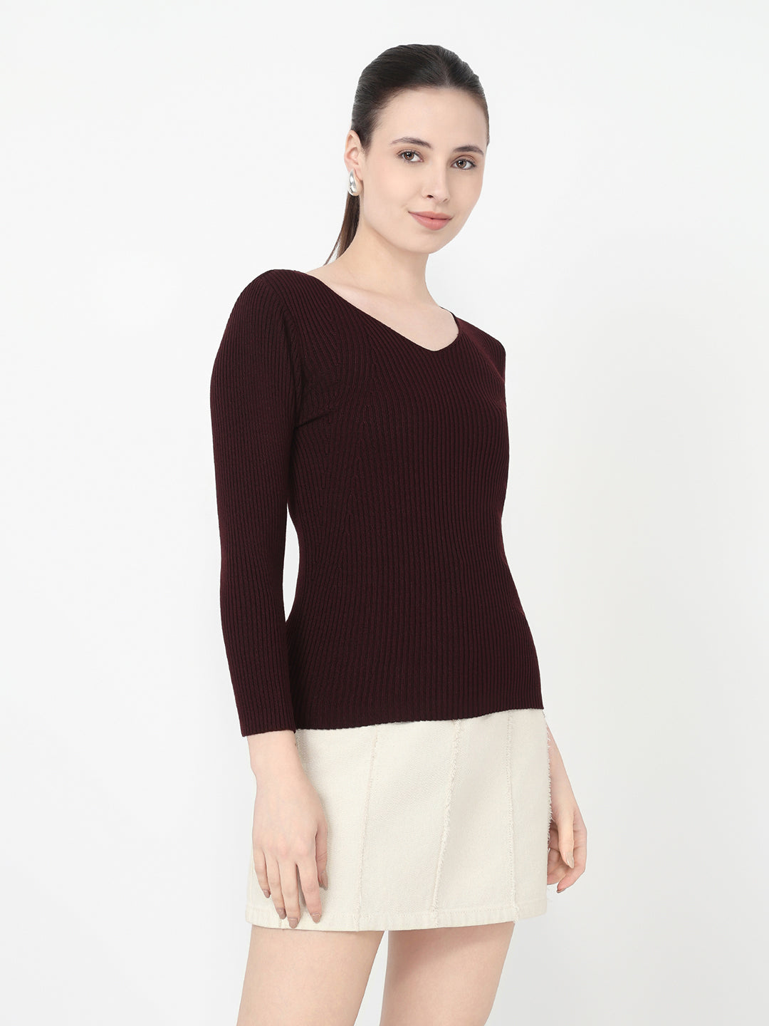 Women Wine Slim Fit Flat Knit