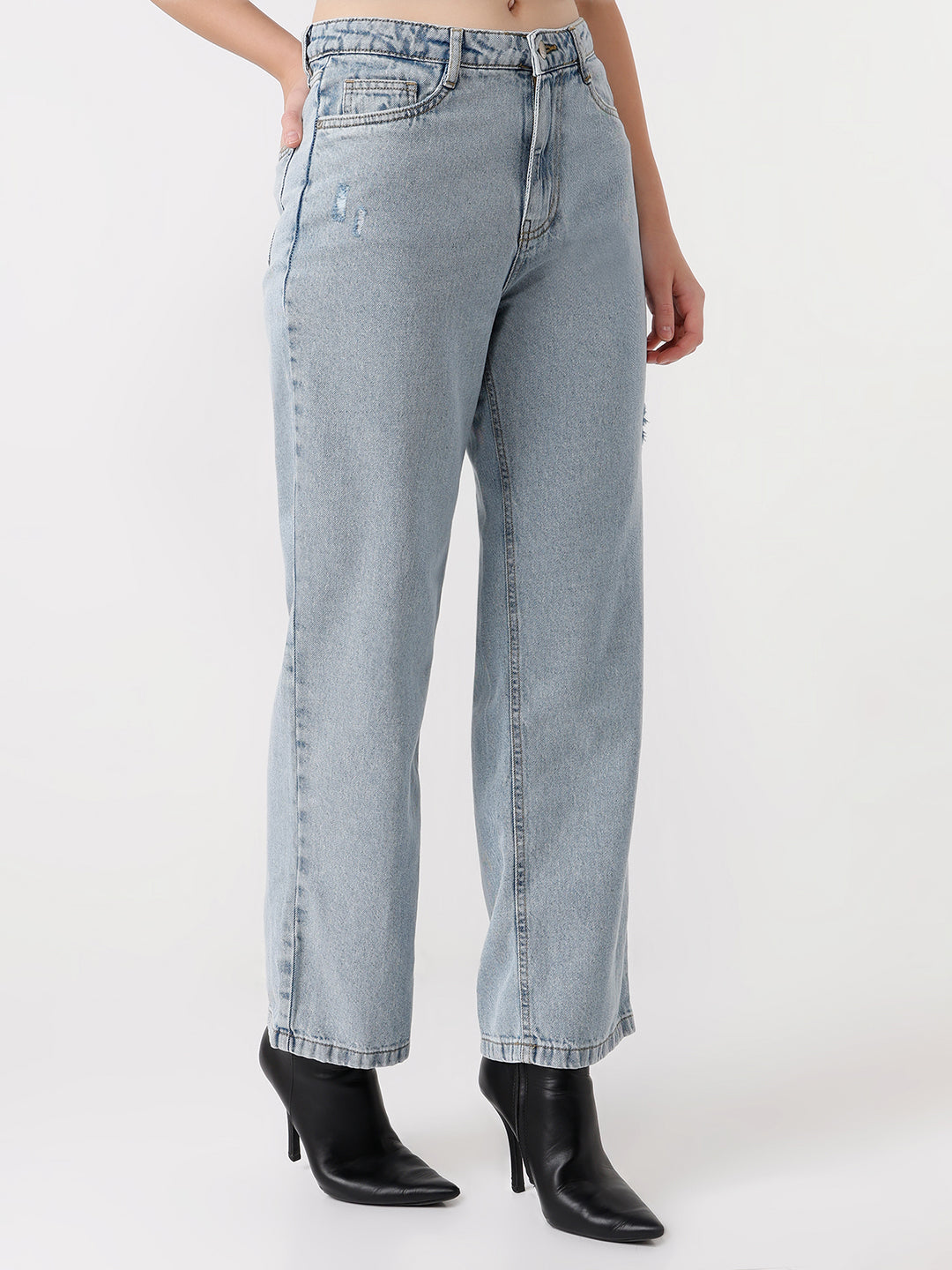 Women Light Blue High-Rise Loose Straight Jeans