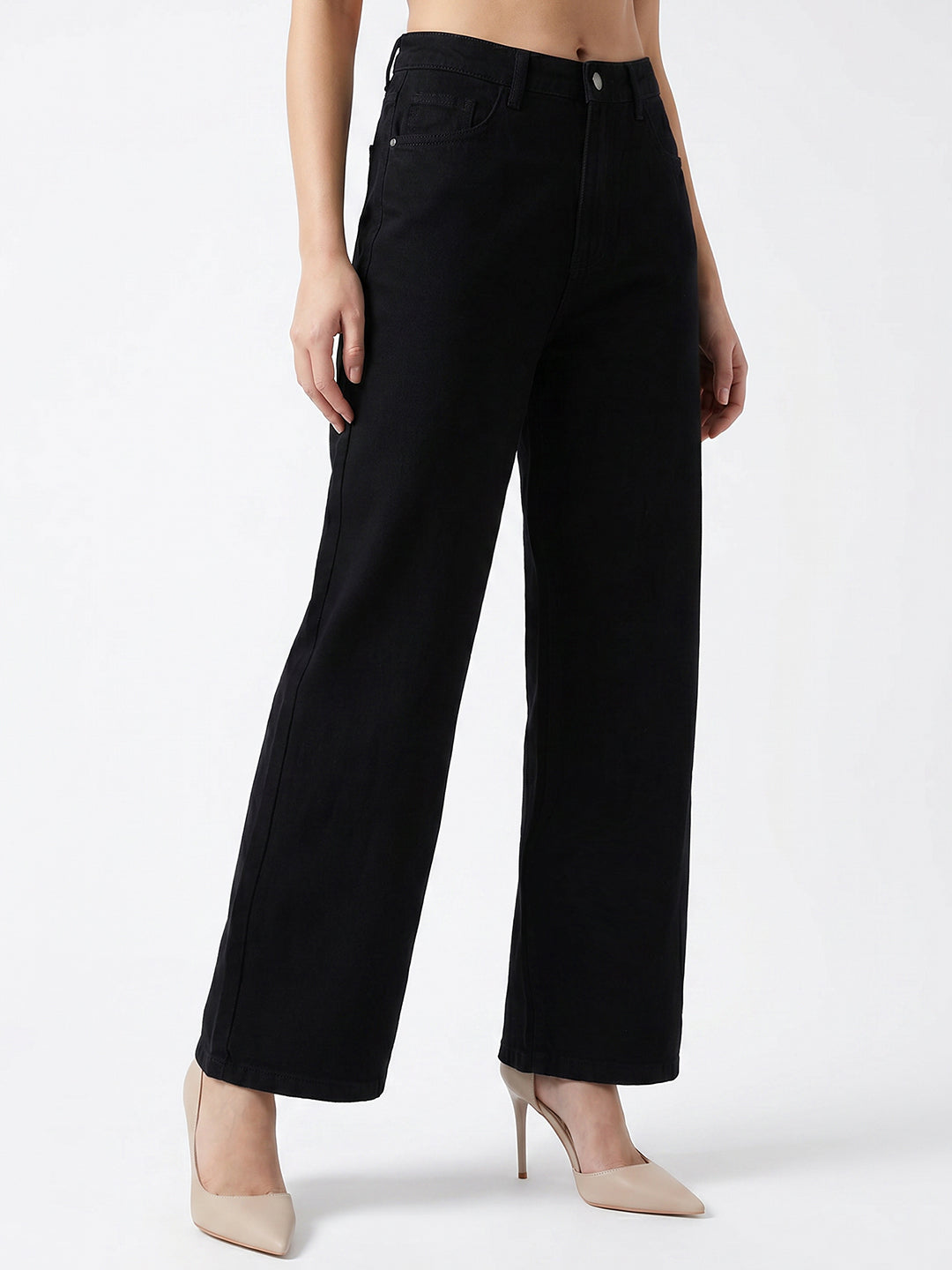 Women Black High-Rise Crop Wide Leg Jeans