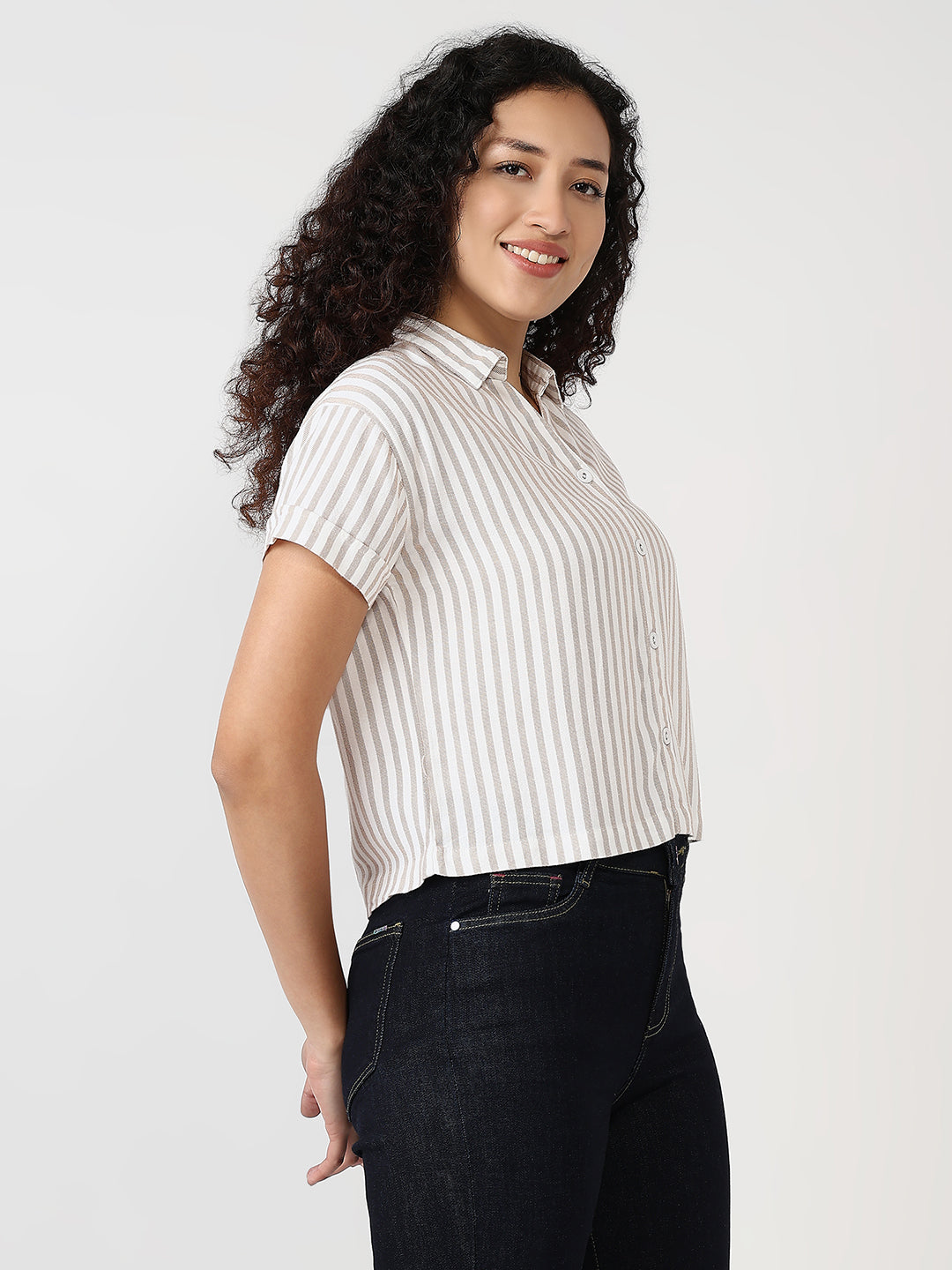 Women Beige/White Slim Crop Shirt
