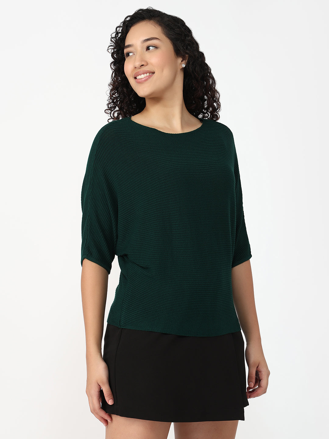 Women Bottle Green Slim Batsleeve Top