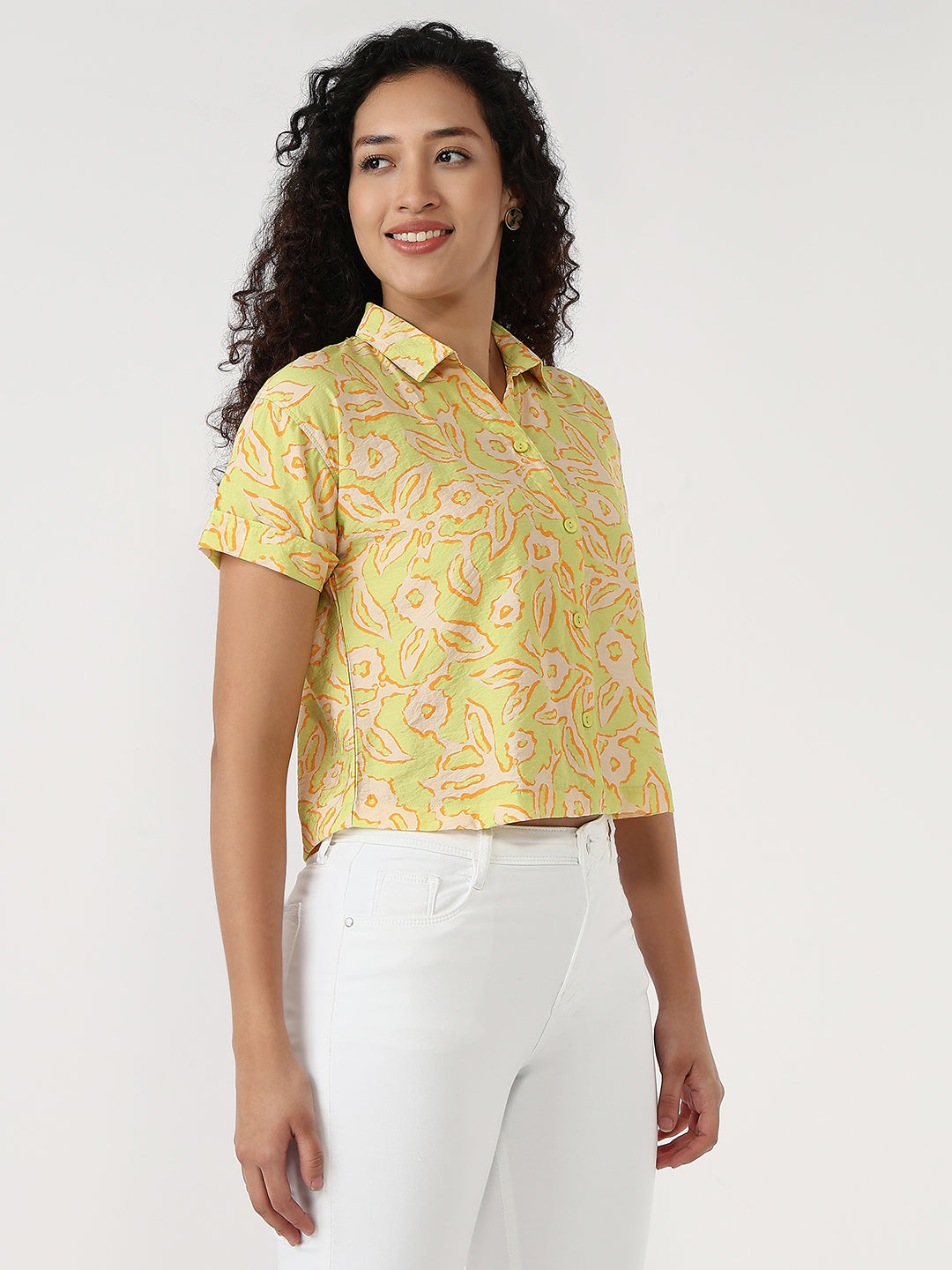 Women Lime Slim Crop Shirt