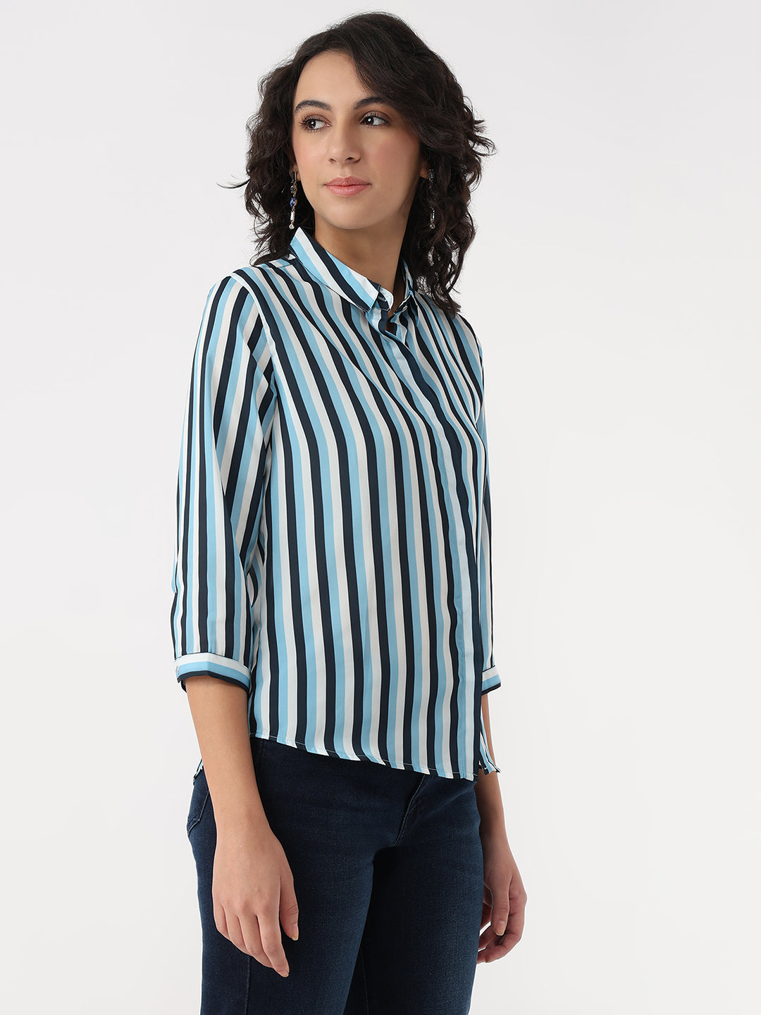 Women Sky/Navy Slim Stripe Shirt