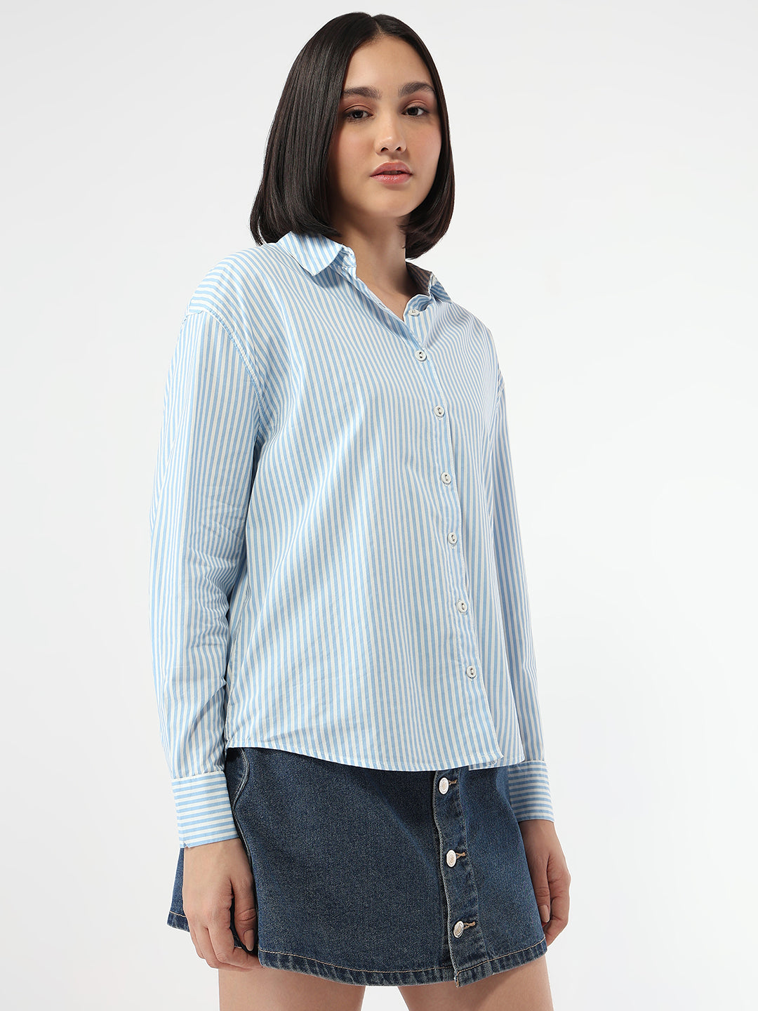 Women Sky/White Slim Fit Stripe Shirt