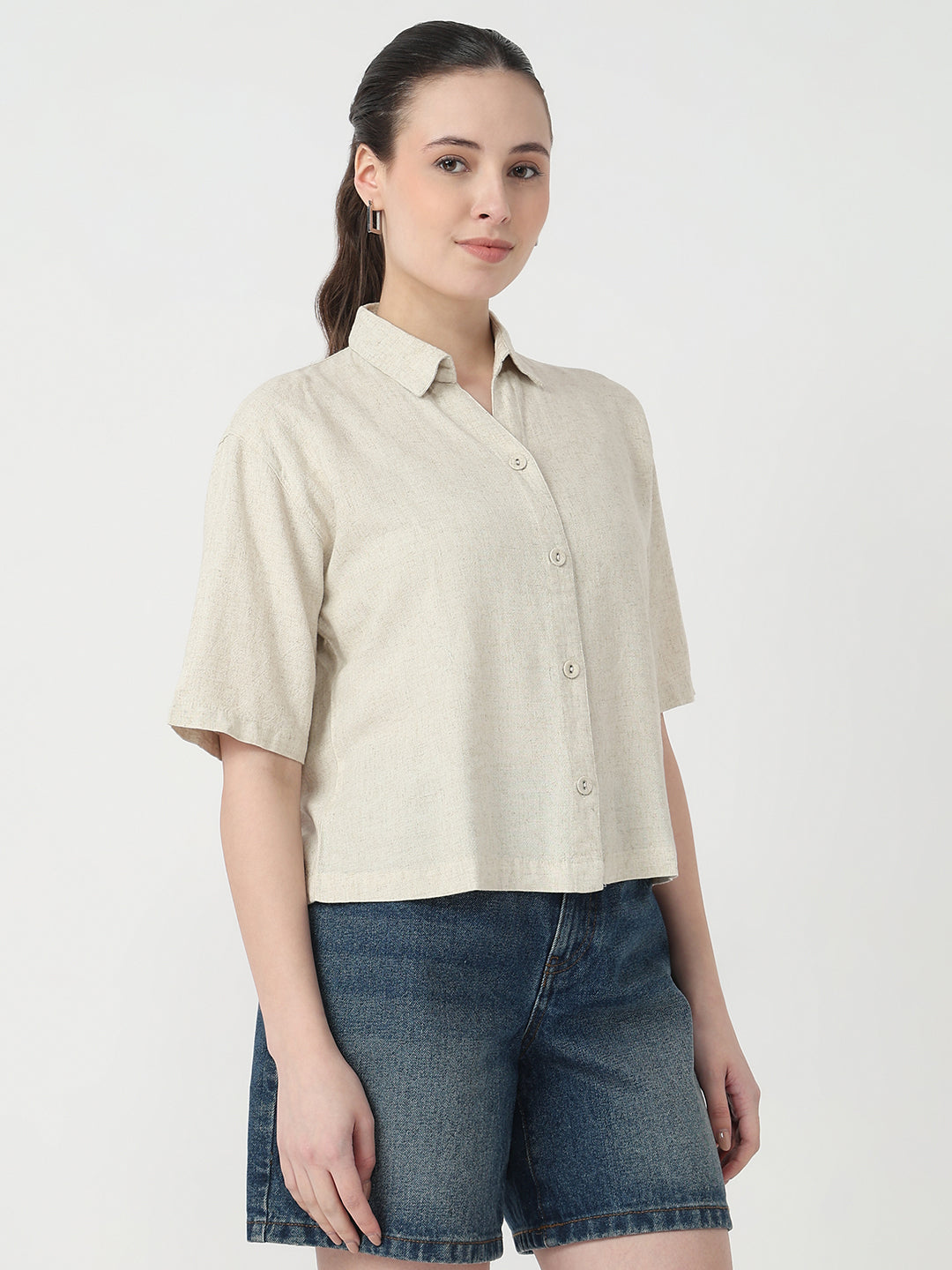 Women Light Natural Slim Fit Crop Shirt