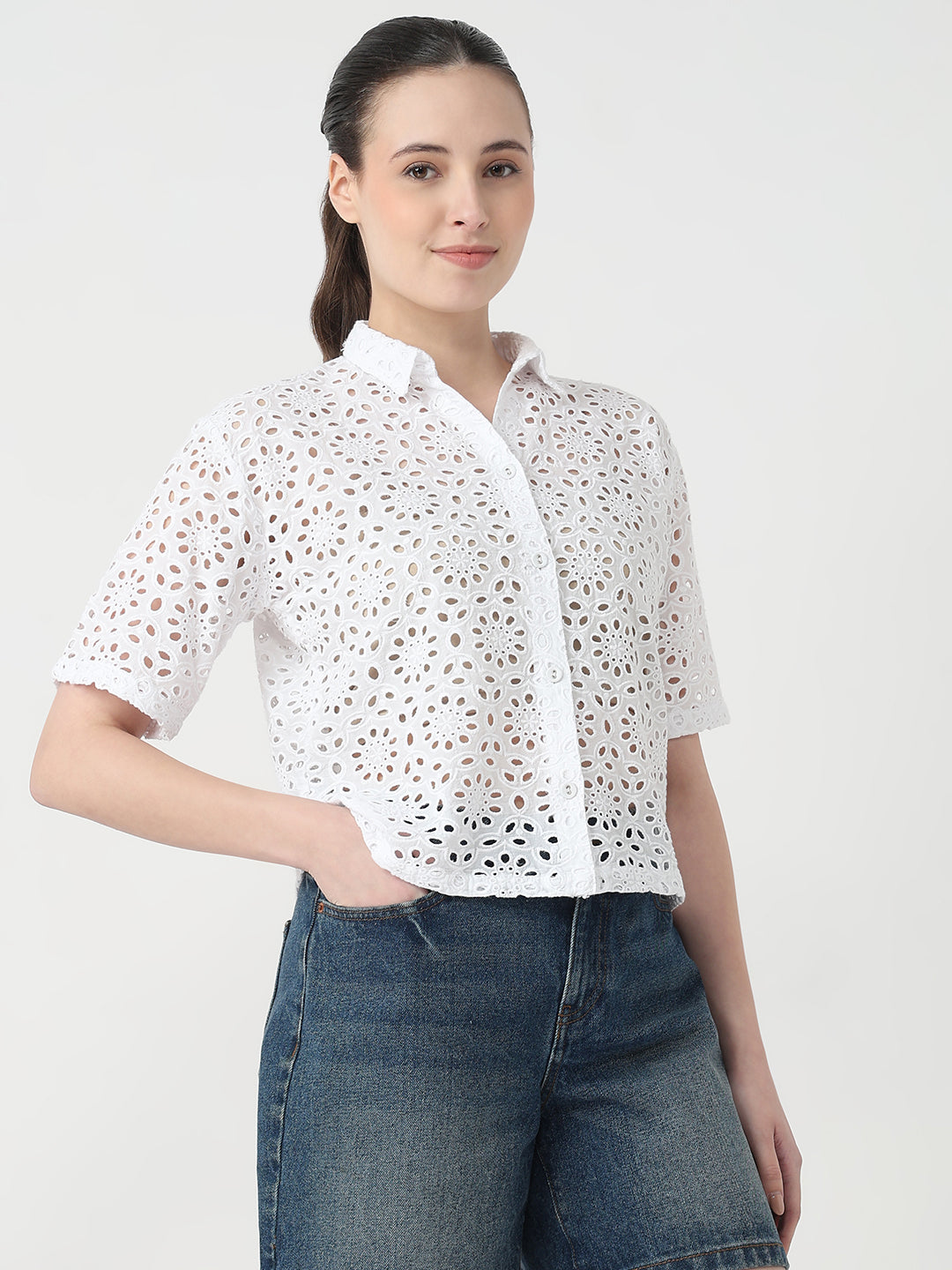 Women White Slim Fit Crop Shirt