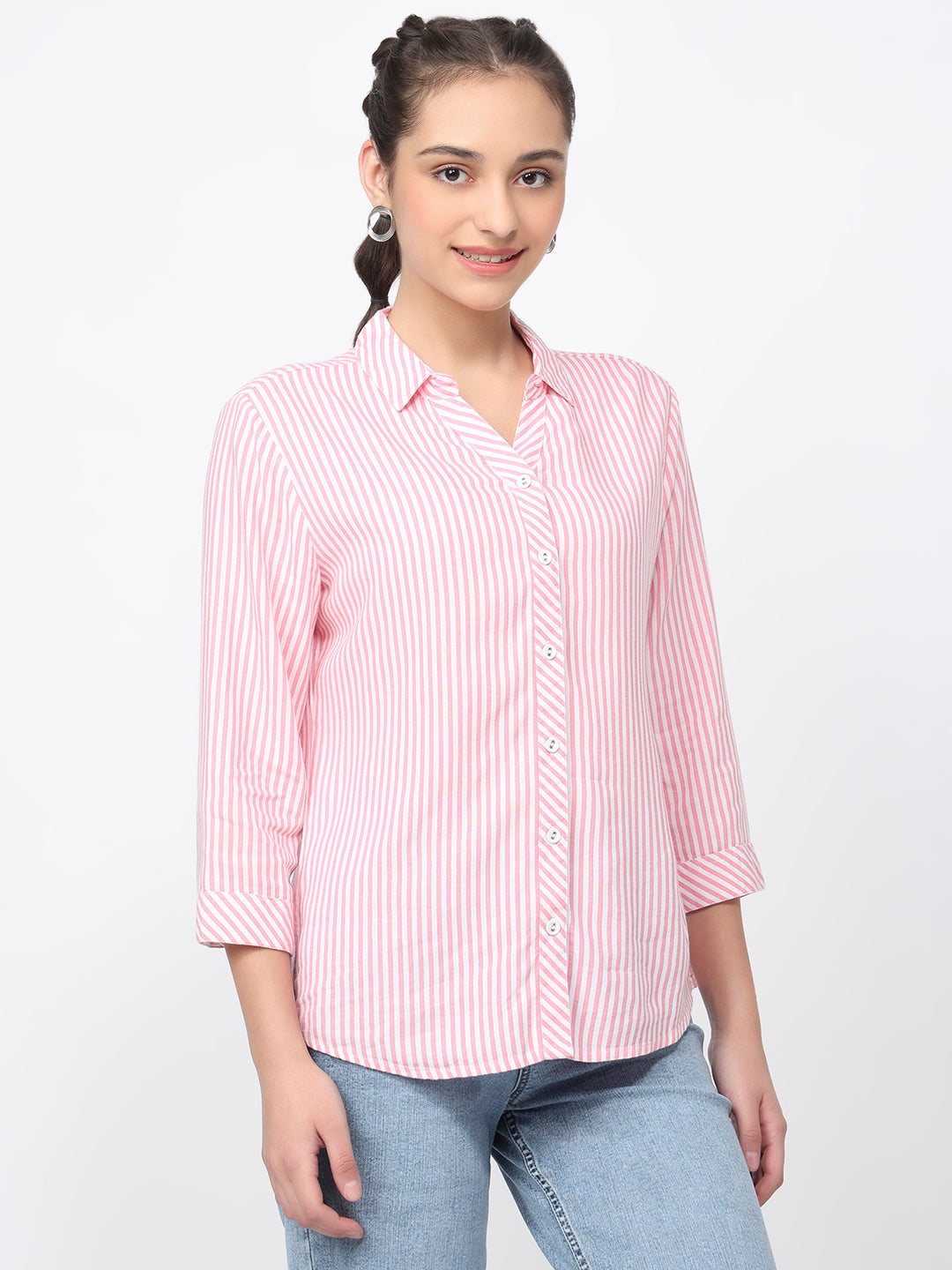 Women Pink/White Striped Shirt