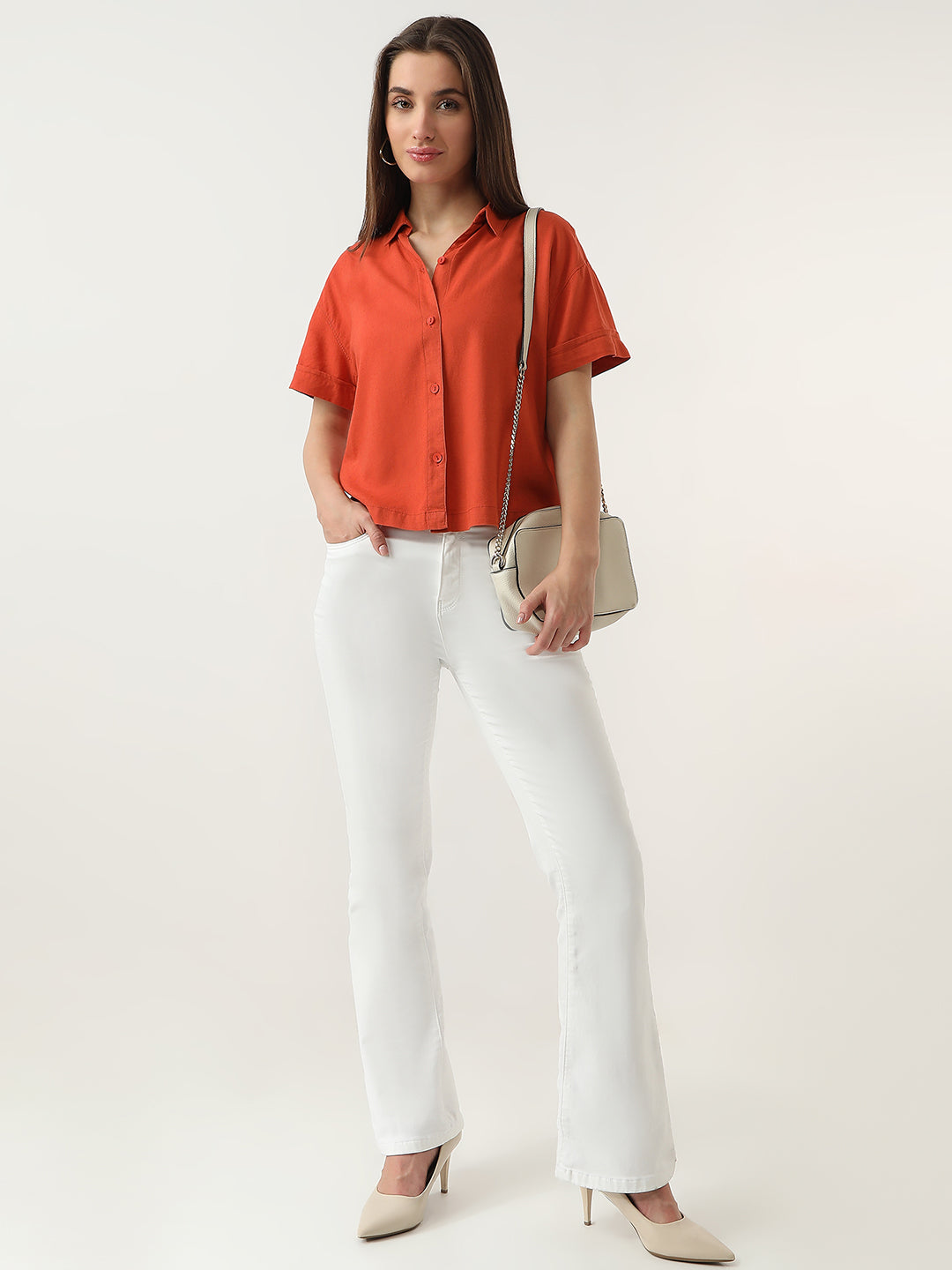 Women Maple Orange Crop Shirt