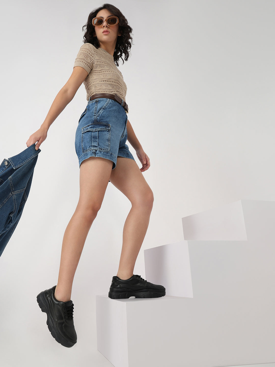 Women Blue High-Rise Cargo Shorts