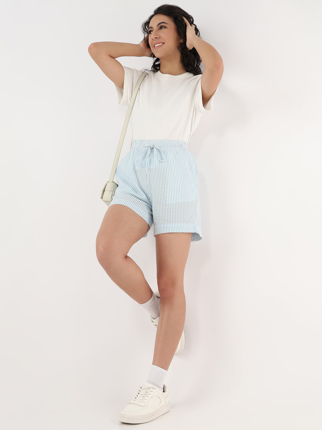 Women Sky/White Mid-Rise Shorts
