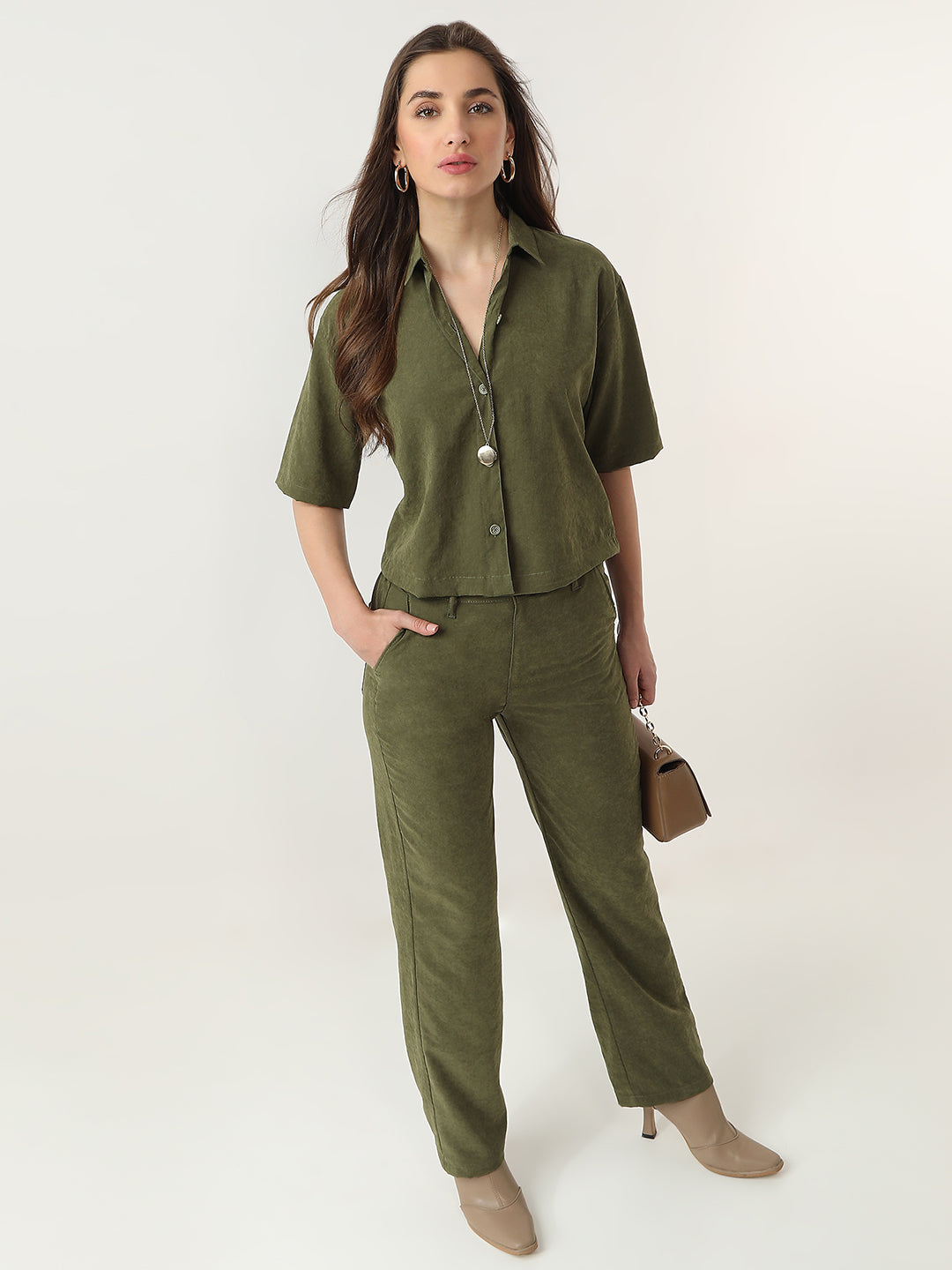 Women Olive Crop Shirt