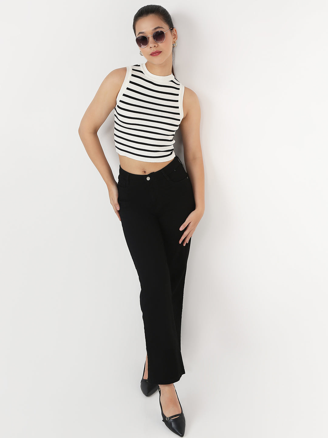 Women Black/White Stripe Tank Top