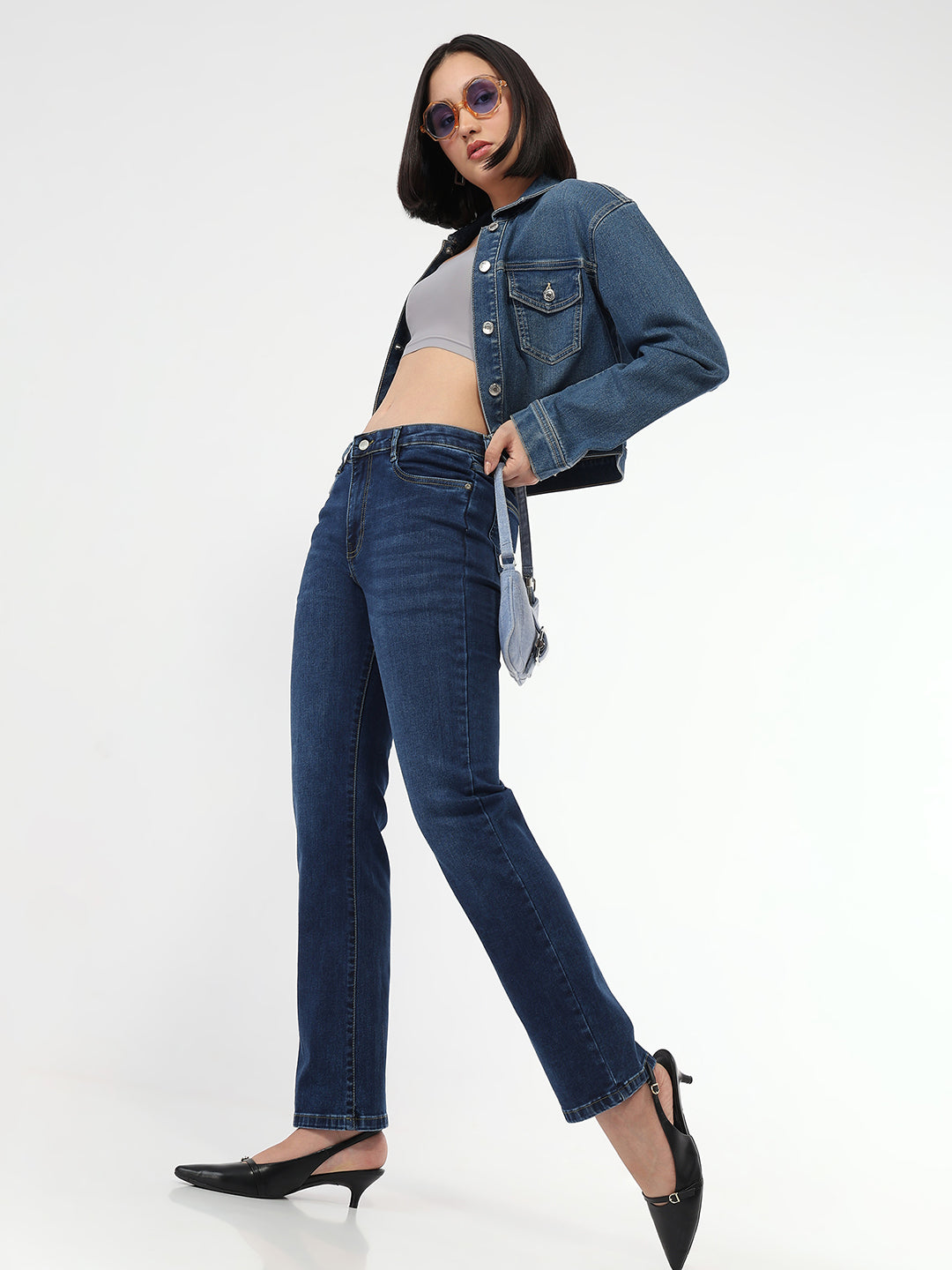 Women Dark Blue High-Rise Slim Straight Jeans