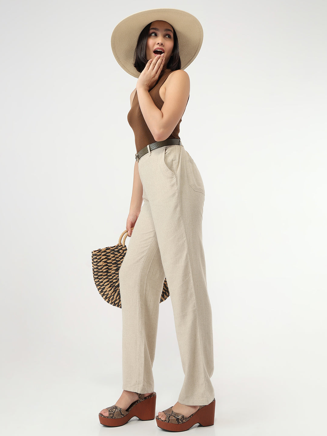 Women Dark Natural Loose Straight Korean Pants