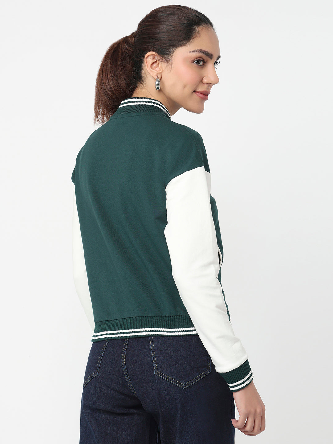 Women Bottle Green/Off White Varsity Jacket