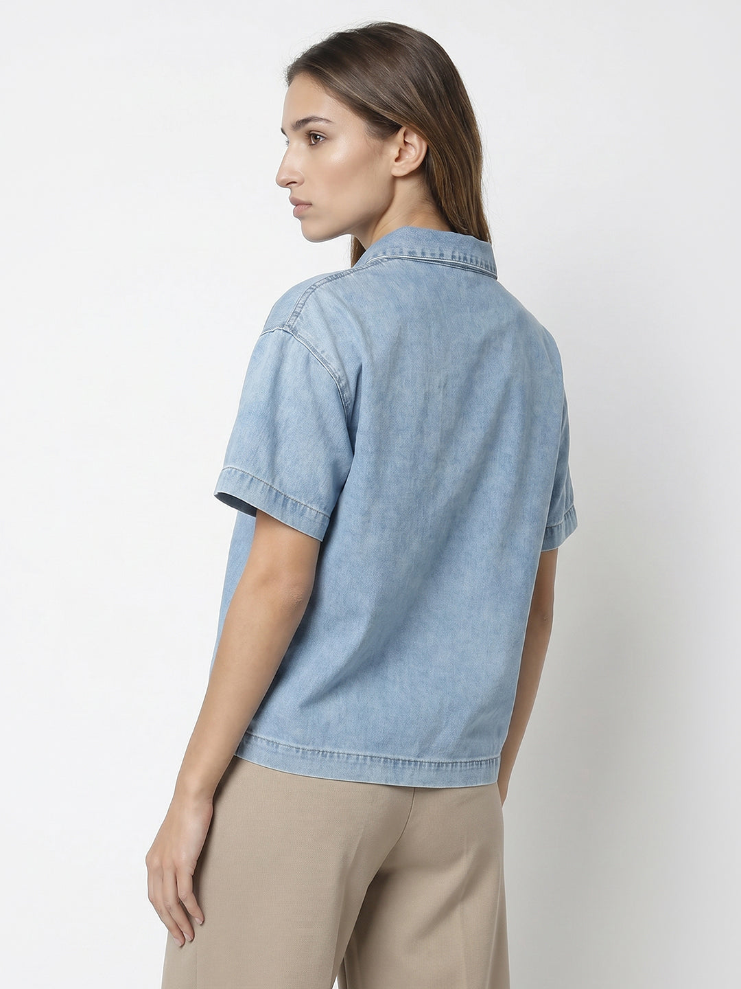 Women Light Blue Crop Shirt