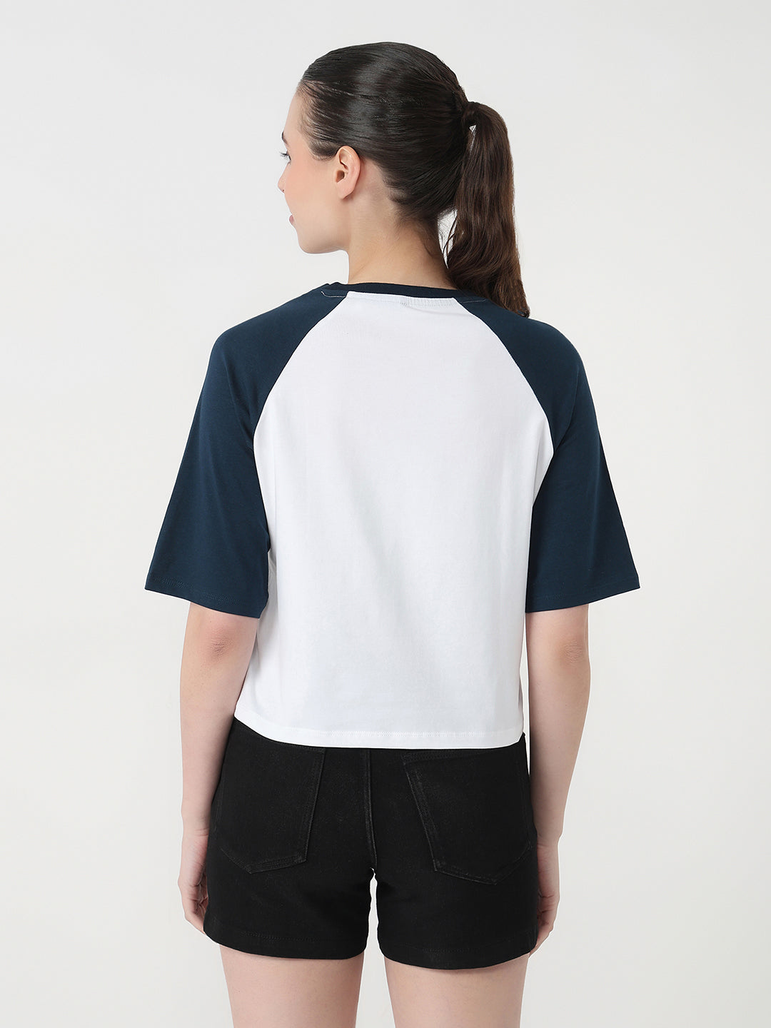 Women White/Airforce Slim Fit Graphic Crop T-Shirt