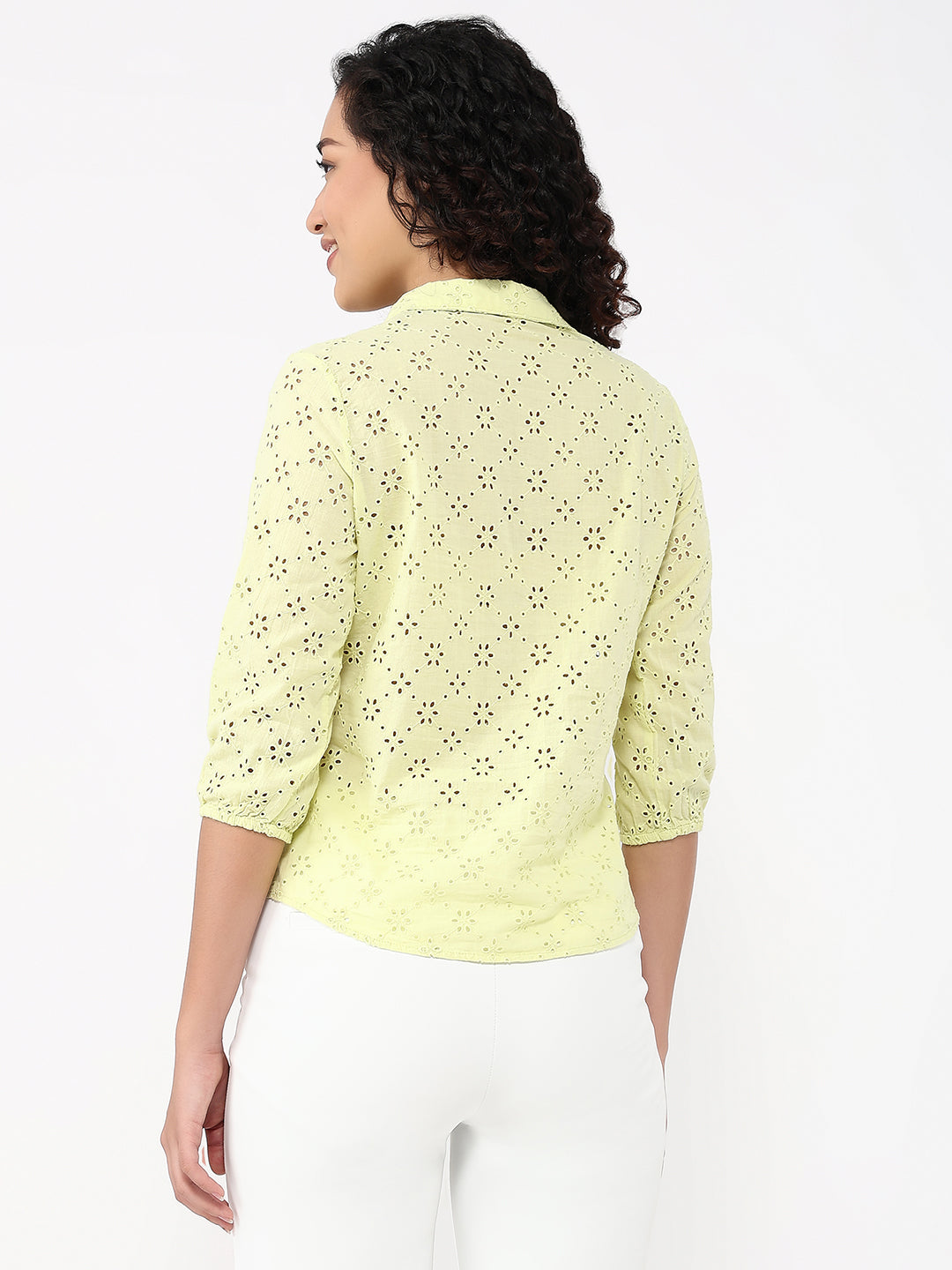 Women Lime Slim Fit Schiffli Shirt
