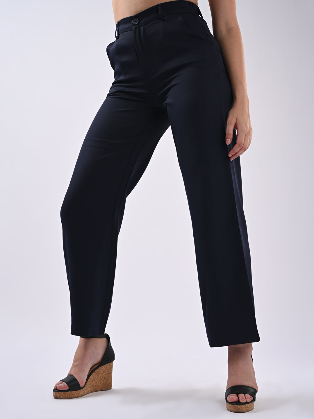 Women Navy Mid-Rise Wide Leg Trousers